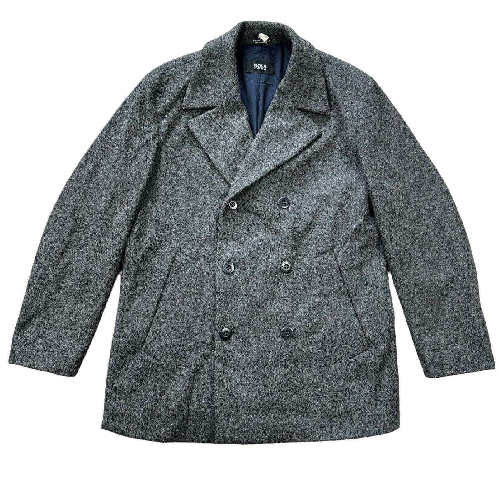 image of Hugo Boss Wool Blend Pea Coat Gray Double Breasted Men's 44R in Grey (Size Small)