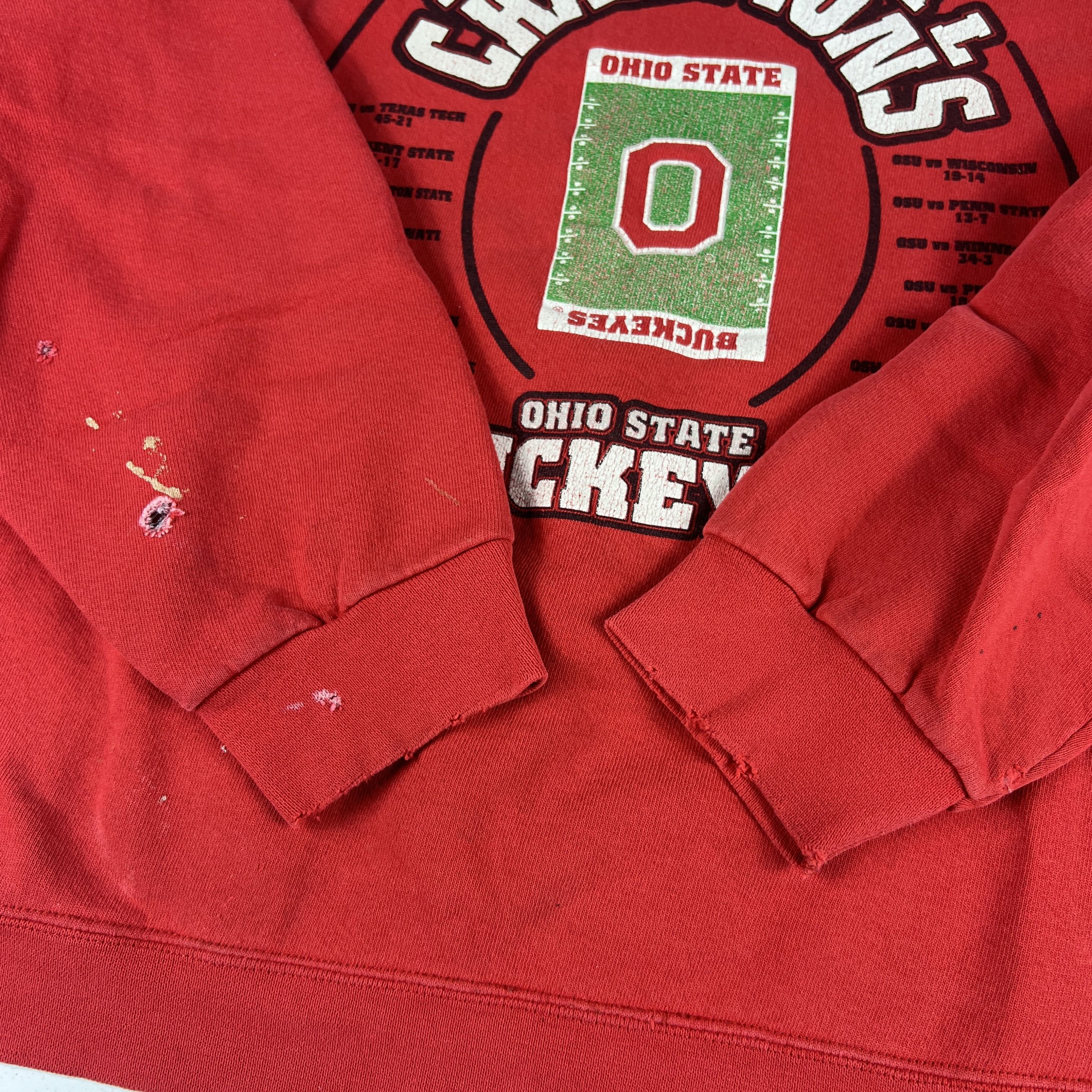 Fruit Of The Loom × NCAA × Vintage Y2K Ohio State Buckeyes Sweatshirt Red Thrashed Crewneck Size US XL / EU 56 / 4 - 3 Thumbnail