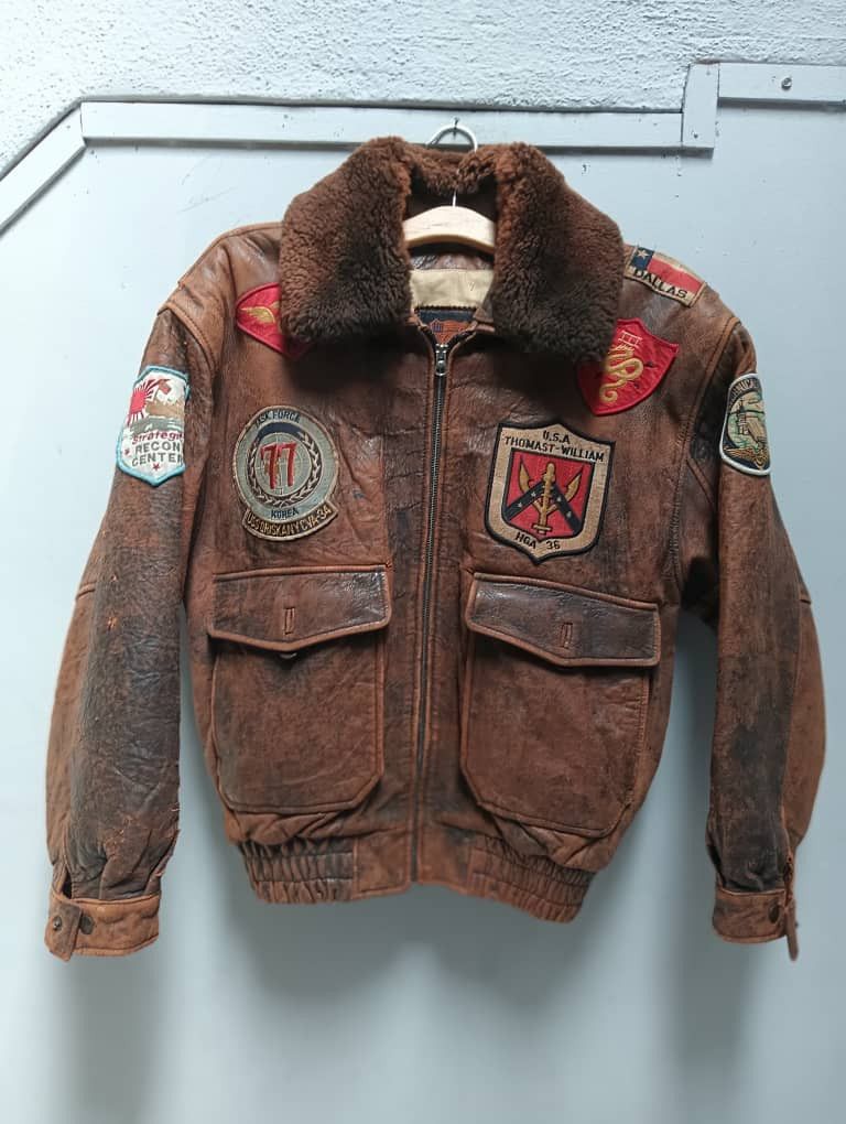 image of Genuine Leather x Leather Jacket Top Gun G-1 Vintage Bomber Aviator Flight Jacket Patches in Leathe
