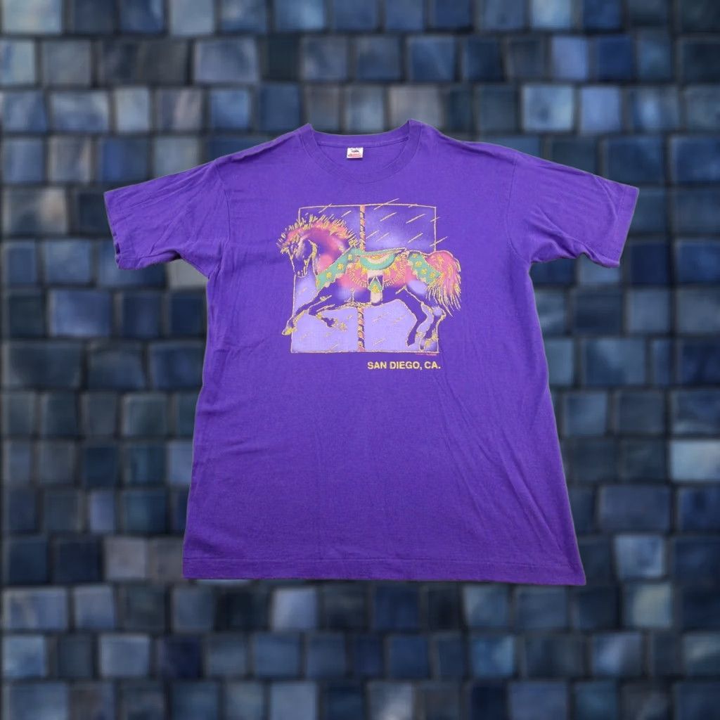 Fruit Of The Loom VTG 90s San Diego Ca. Single Stitch Marry Go Round Horse Shirt Adult XL Purple Cotton Fruit of the Loom 90s Theme Mens Shirt Size US XL / EU 56 / 4 - 1 Thumbnail