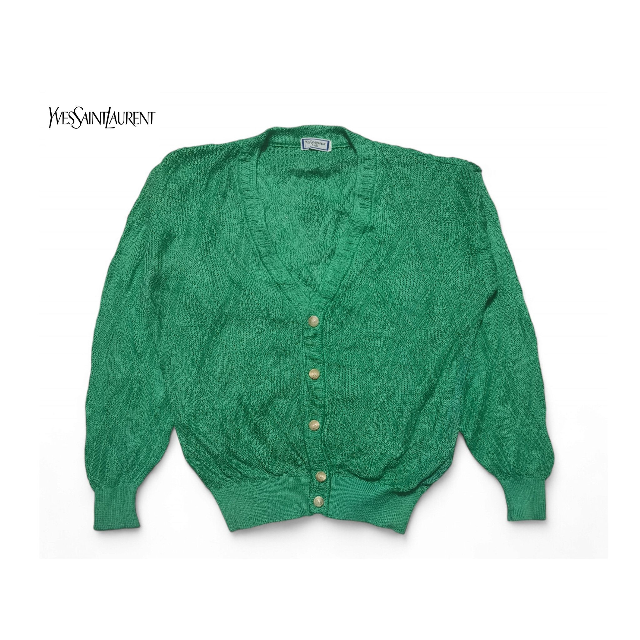 Yves Saint Laurent Vintage Yves Saint Laurent YSL Openwork Knit Green Sweater Size L / US 10 / IT 46 - 2 Thumbnail