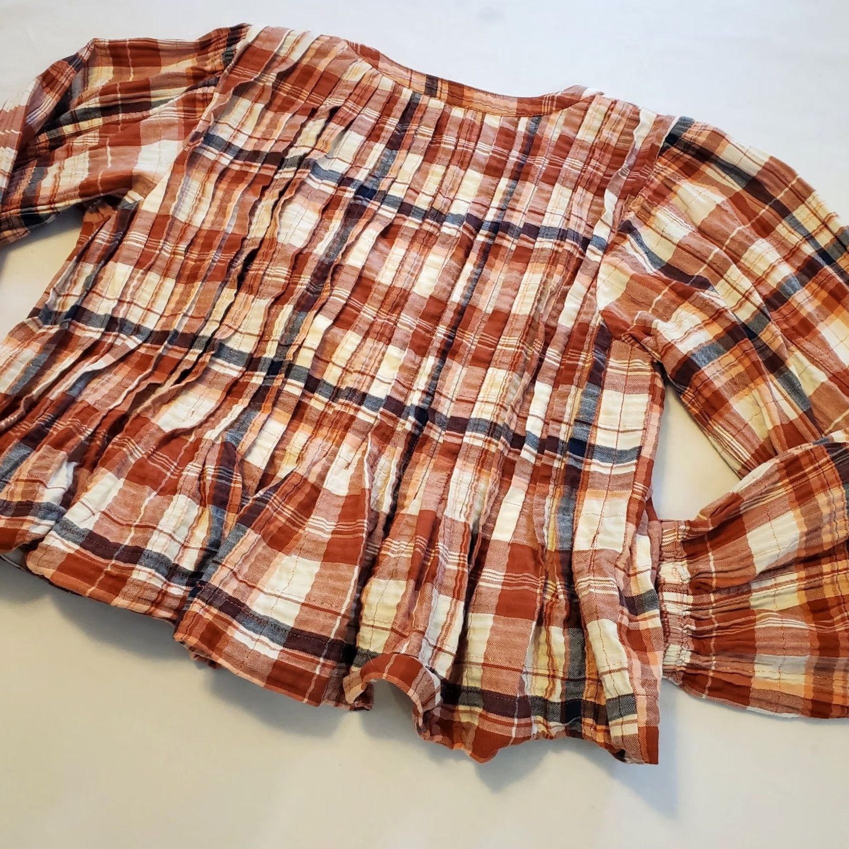 Vintage PILCRO Anthropologie Swing Blouse Womens Size M Long Sleeve Pleated Boho Peplum Size M / US 6-8 / IT 42-44 - 7 Thumbnail