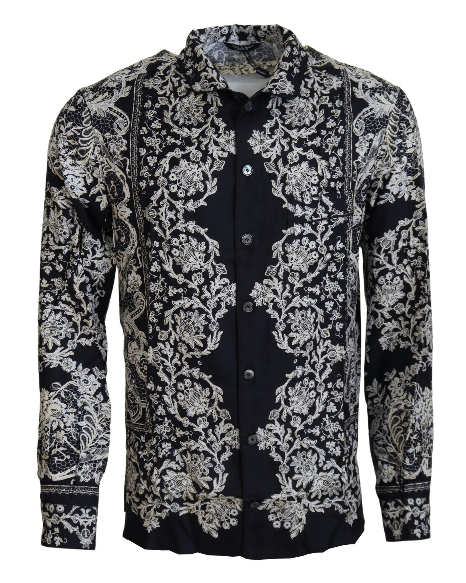 Image of Dolce Gabbana Floral Baroque Silk Satin Shirt in Blue, Men's (Size XS)