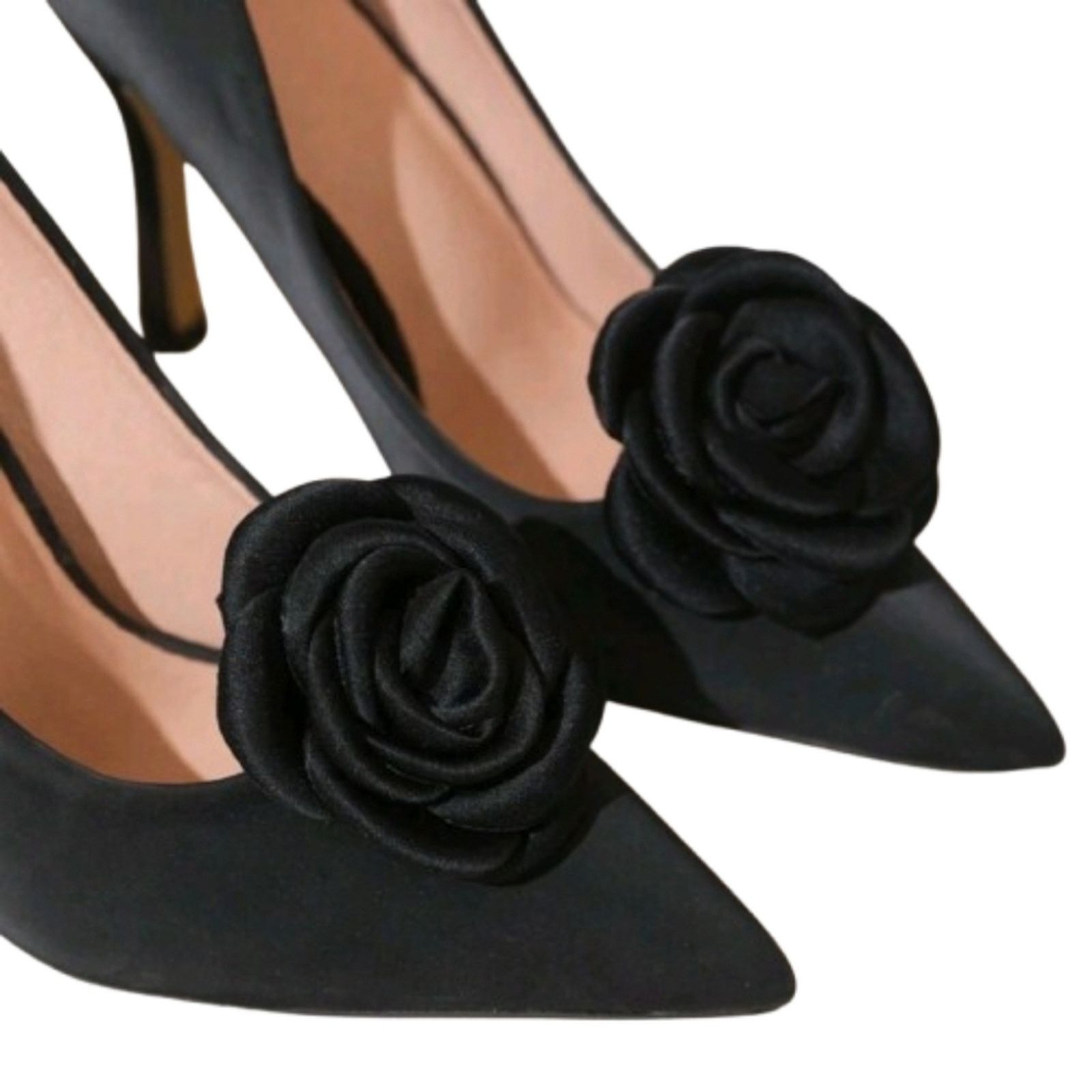 Other CLASSIC & ELEGANT ☆ MATTE BLACK SATIN ☆ ROSE SHOE CLIPS NIP Size US 4 / IT 34 - 2 Thumbnail