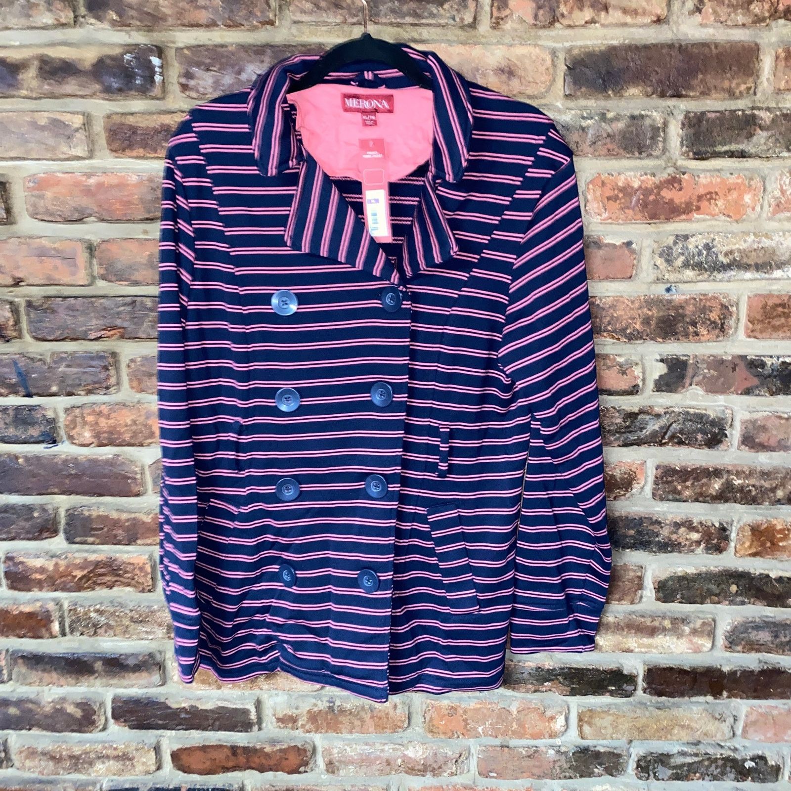 Merona NWT Merona Navy Blue Pink Double Breasted Knit Jacket XL Size XL / US 12-14 / IT 48-50 - 1 Thumbnail
