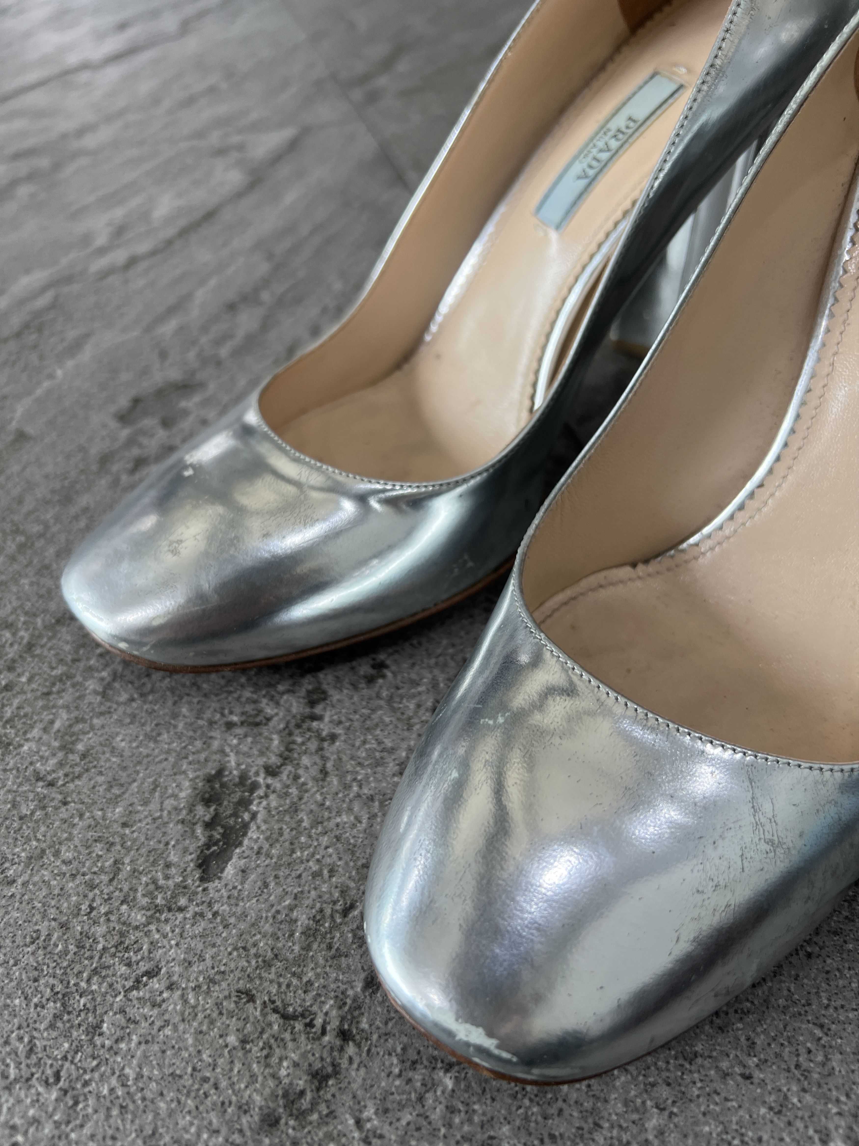 Prada Prada Silver Metallic Block Heel Pumps EU38 Size US 8 / IT 38 - 8 Thumbnail