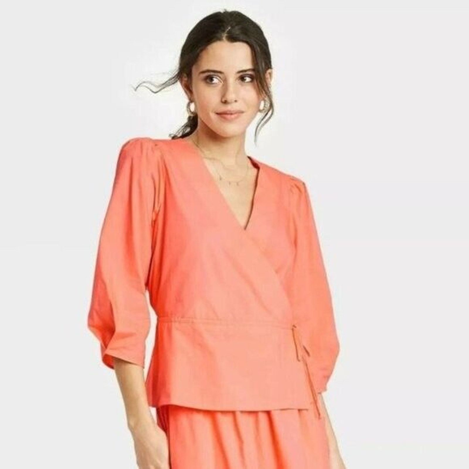 Other A New Day XS Tie Front Wrap Blouse 3/4 Sleeve VNeck Top Size XS / US 0-2 / IT 36-38 - 2 Thumbnail