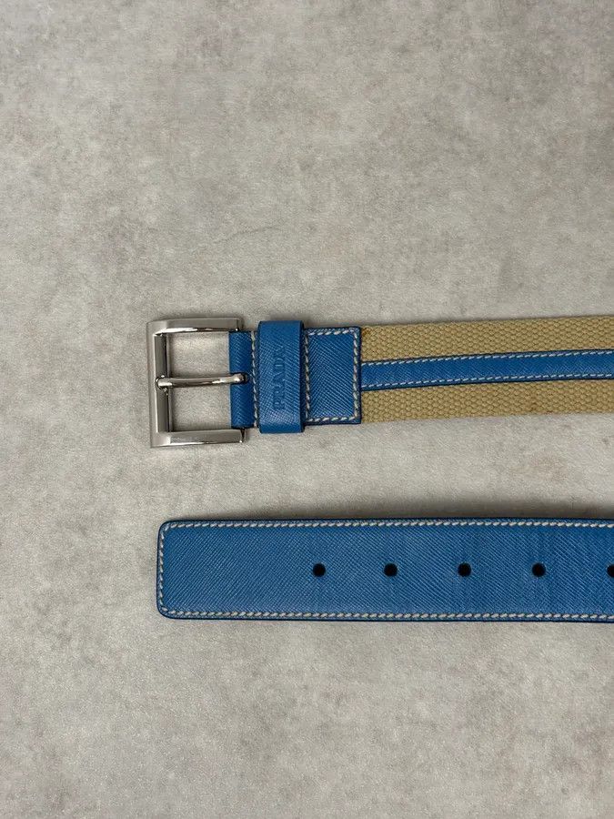 Prada 2000s Prada Beige Canvas & Blue Leather Belt Size ONE SIZE - 3 Thumbnail