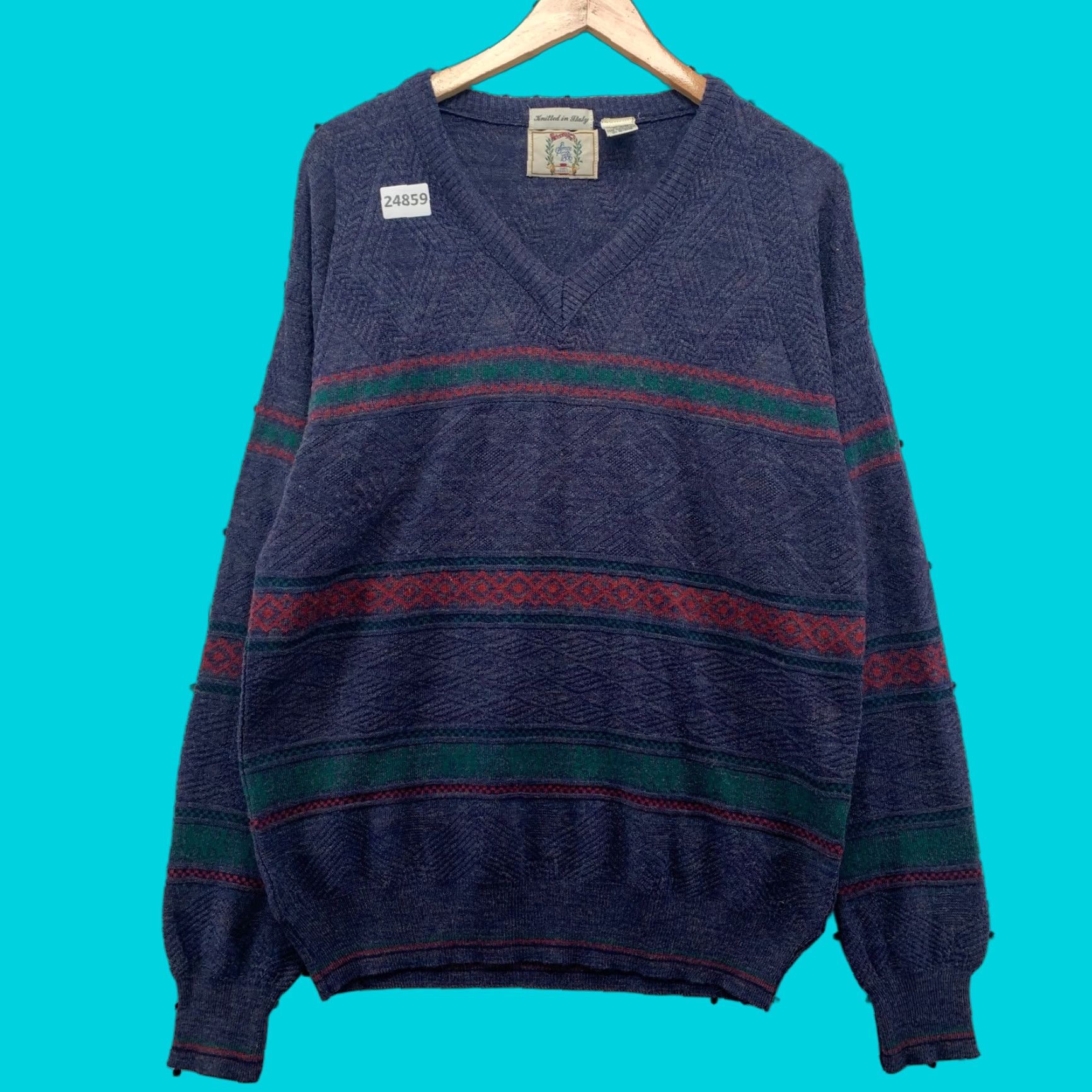Sears VTG Sears Roebuck V-Neck Sweater Blue Wool Blend M Made in Italy 22x28.5 Striped 80s 90s Mens Sweater Size US M / EU 48-50 / 2 - 1 Thumbnail