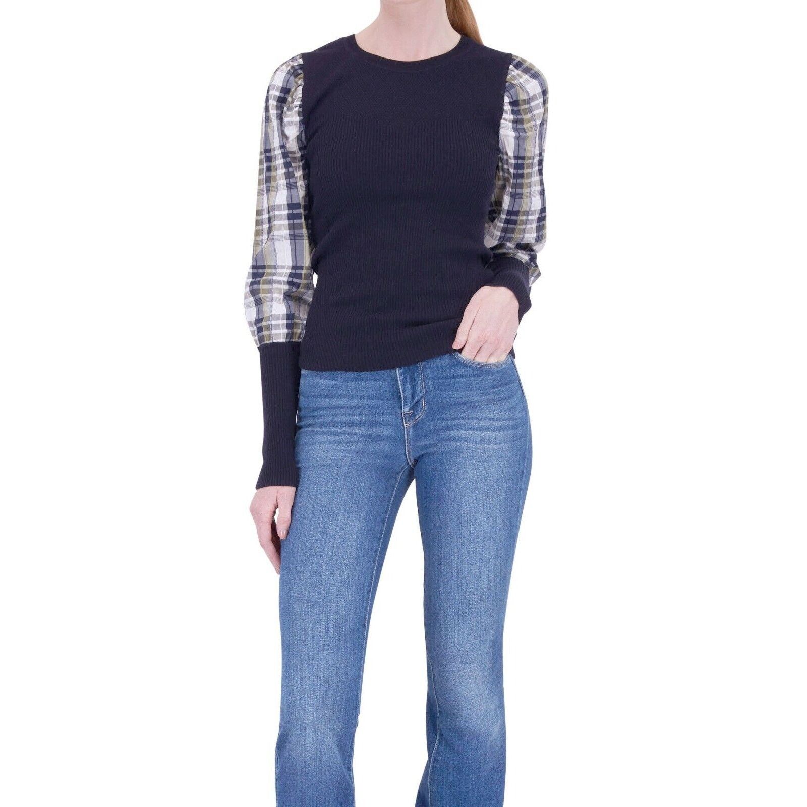 Veronica Beard VERONICA BEARD Leila Navy Merino Wool Plaid Crew Neck Top M Size M / US 6-8 / IT 42-44 - 2 Thumbnail