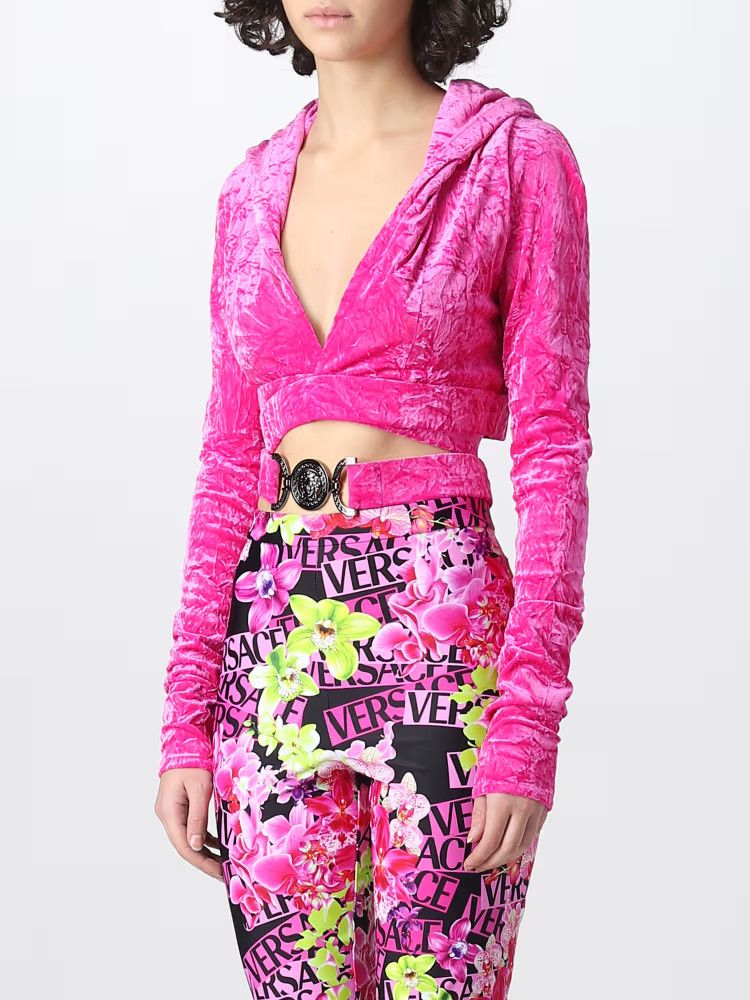 Versace o1y0226 Velvet Hooded Crop Top in Fuchsia Size XS / US 0-2 / IT 36-38 - 4 Thumbnail