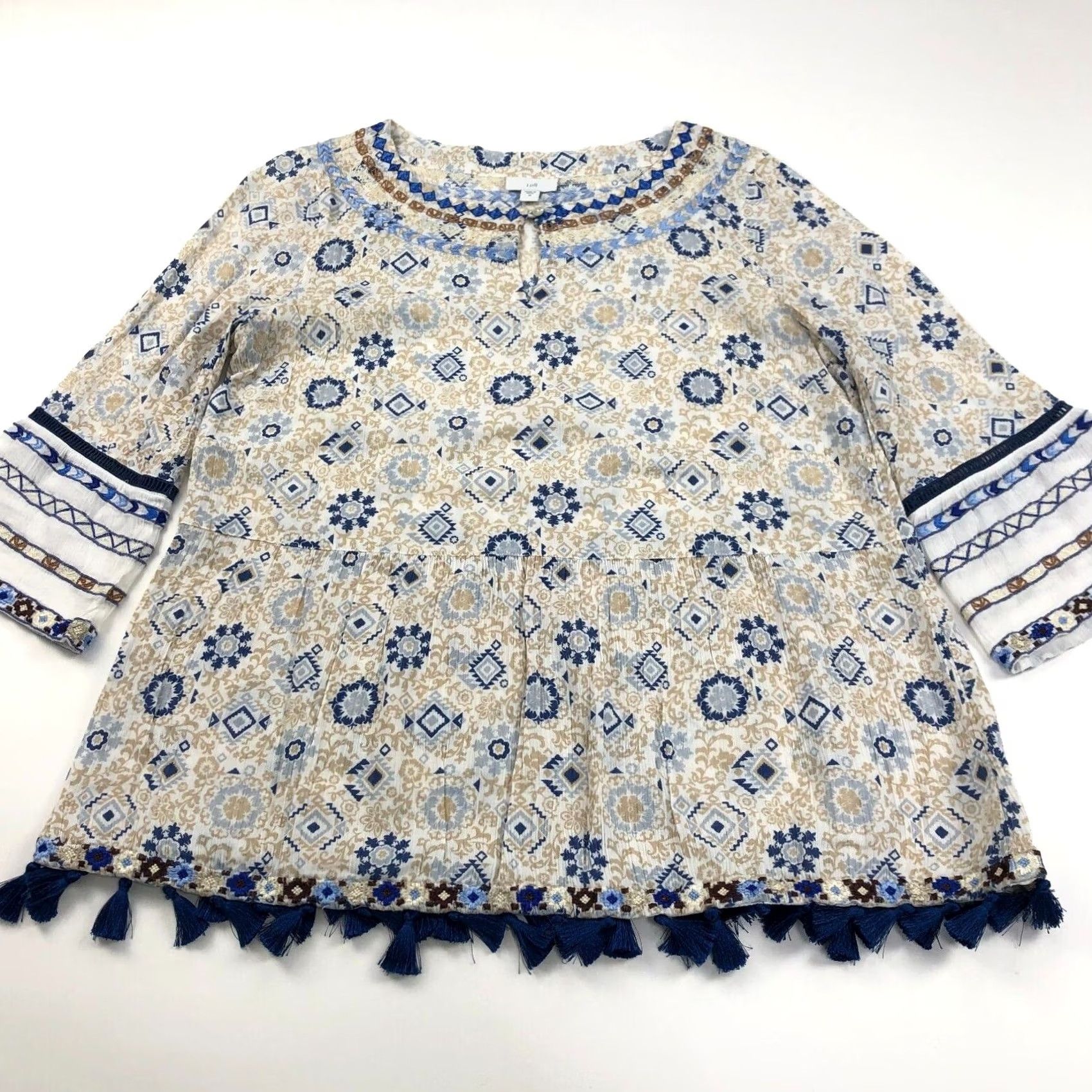 J. Jill J.Jill Blouse Shirt Tassel Boho Flowy All Over Print Button Top Pullover V-Neck Boat Neck MINT Multicolor Geometric Satin Size M / US 6-8 / IT 42-44 - 3 Thumbnail
