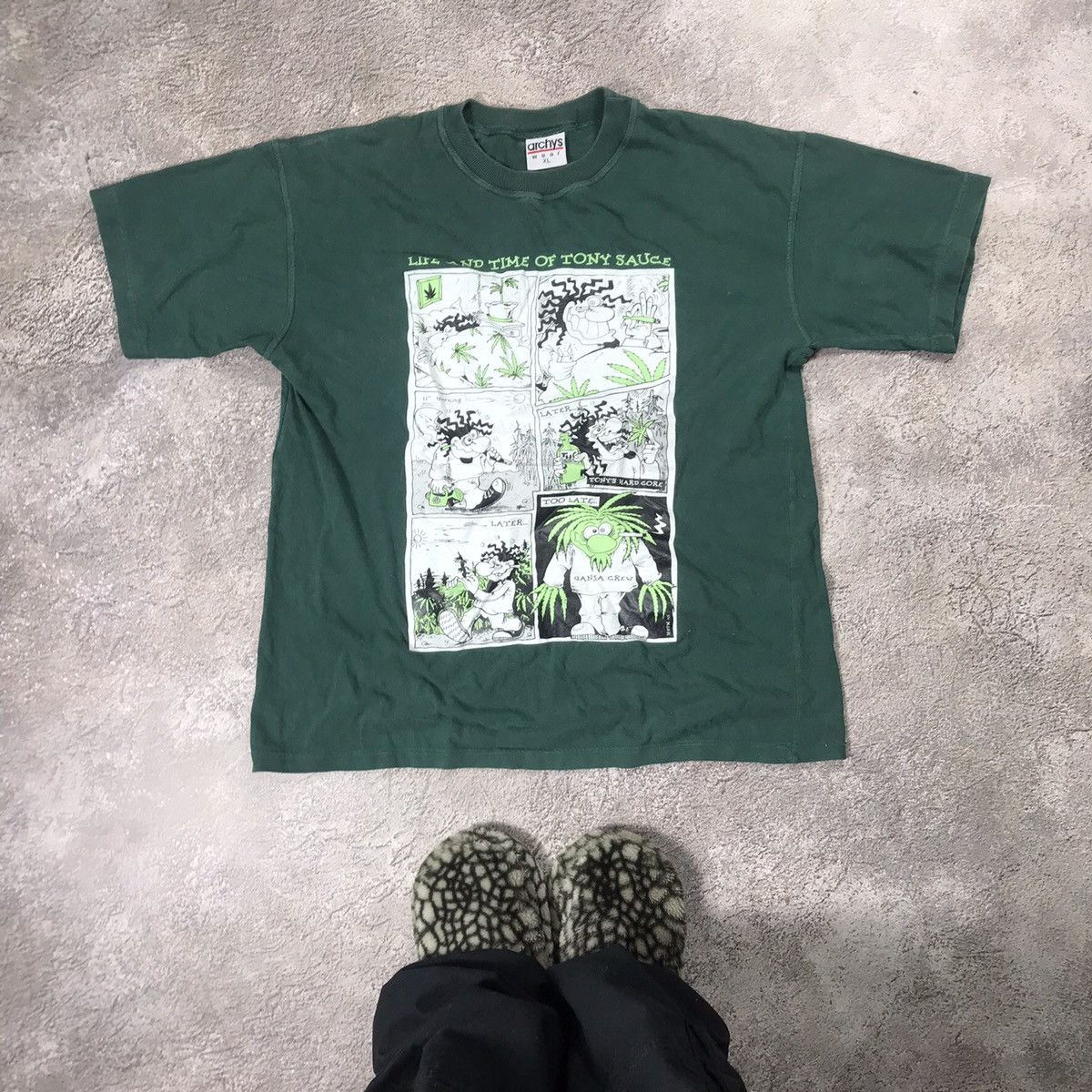 image of Humor x Vintage Y2K Adult Drugs Tony Sauce Smoke Weed Tee 90's in Green, Men's (Size XL)
