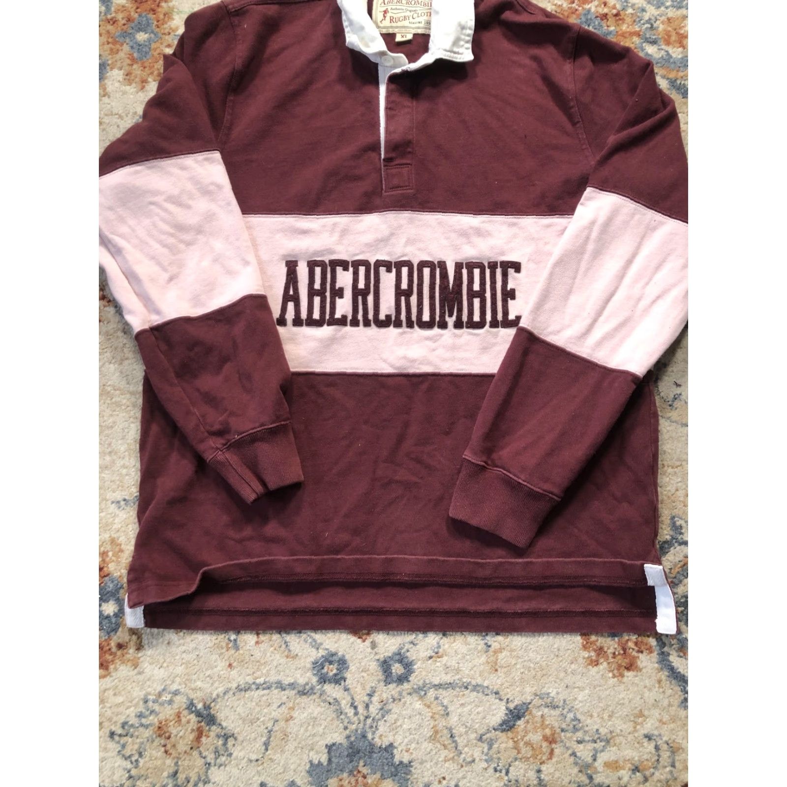 Abercrombie & Fitch VINTAGE Abercrombie Shirt Mens XL Burgundy Pink Rugby Stripe Long Sleeve Logo Collar Size US XL / EU 56 / 4 - 5 Thumbnail