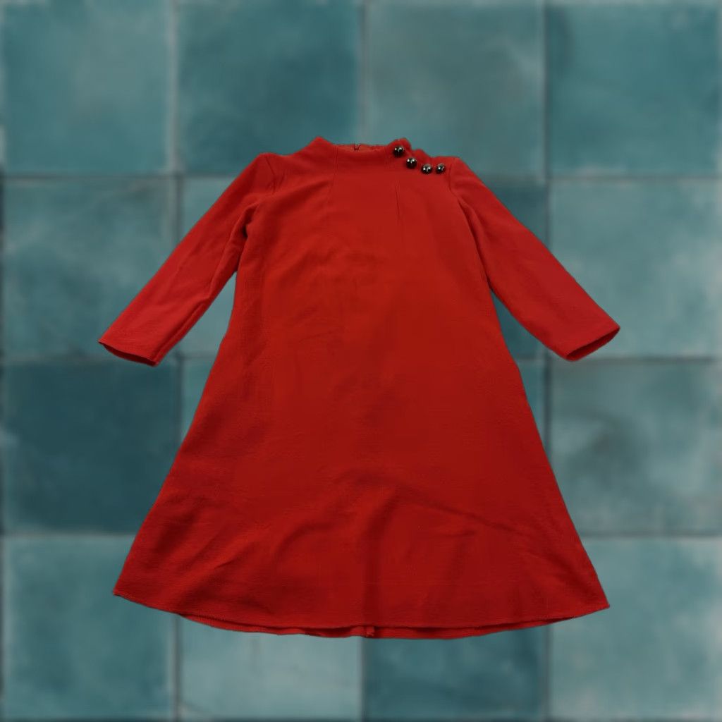 Vintage Goat Dress Womens 8 Red Wool Mock Neck Shift 3/4 Sleeve Button Detail Short Size 30" / US 8 / IT 44 - 1 Thumbnail