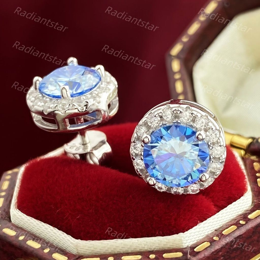 Other NEW 2ct. t.w. Royal Blue Moissanite Round Halo Stud Earrings Size ONE SIZE - 1 Thumbnail