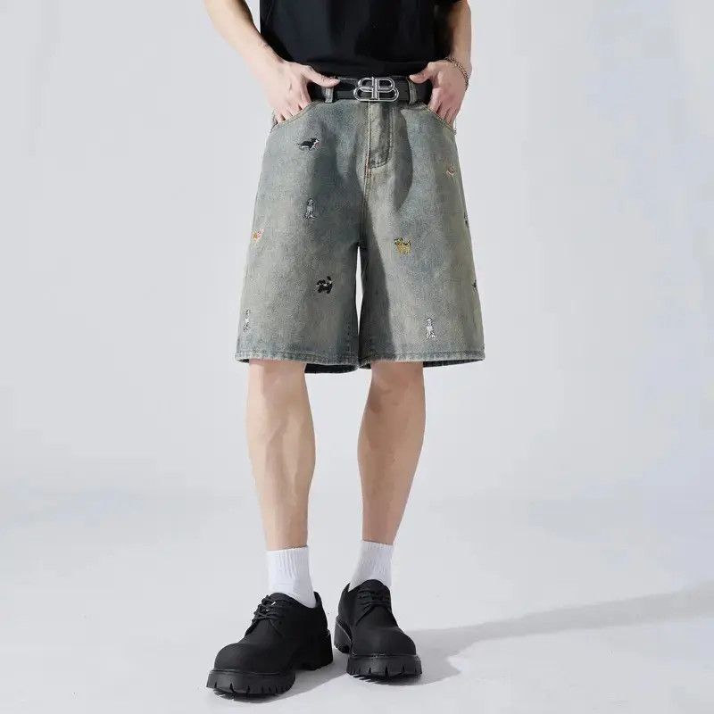 Retro loose embroidered denim shorts