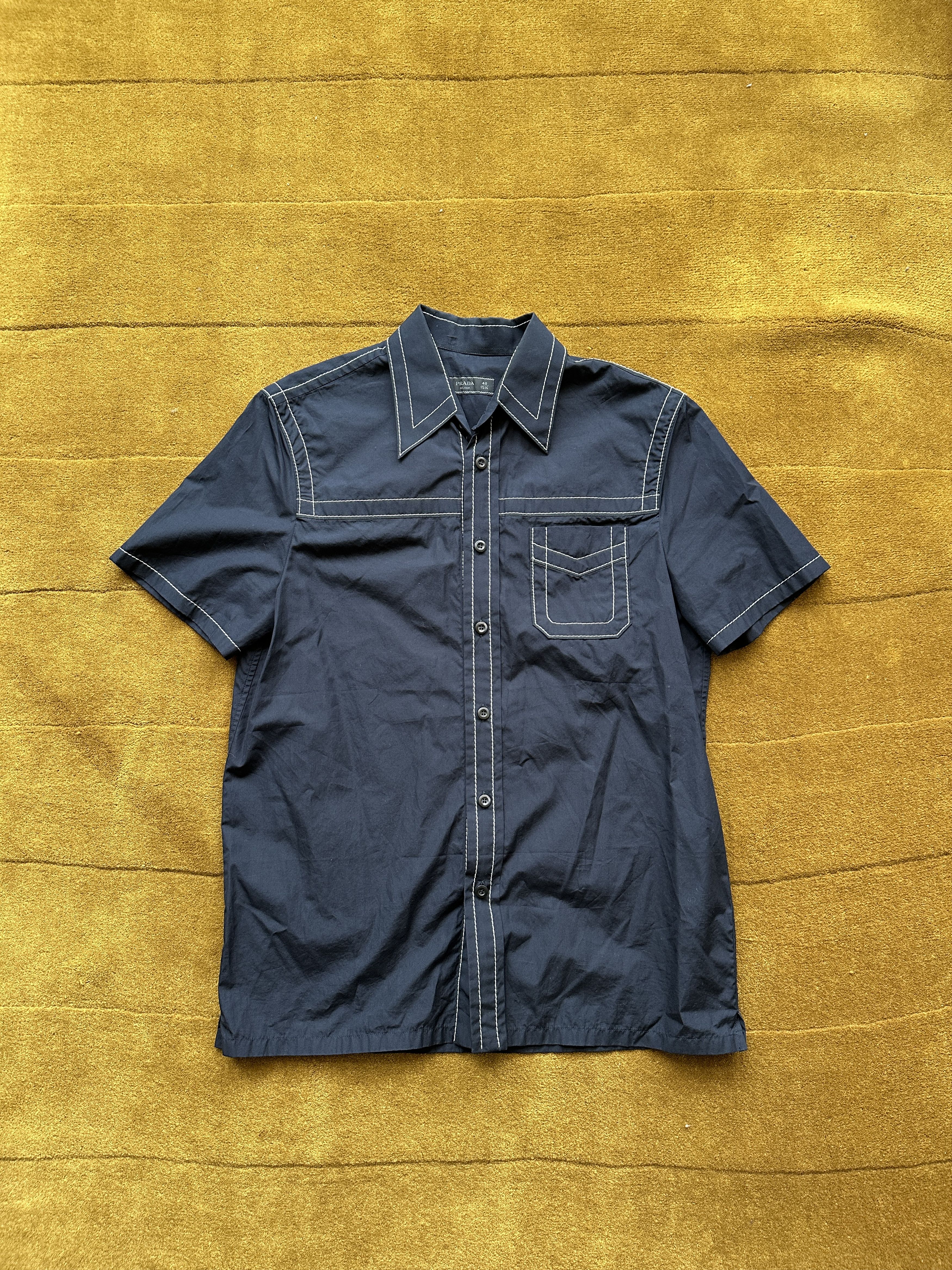 トップス PRADA 15SS Stitch detail shirts Prada Prada SS15 Contrast Top Stitch Short Sleeve Shirt in Navy