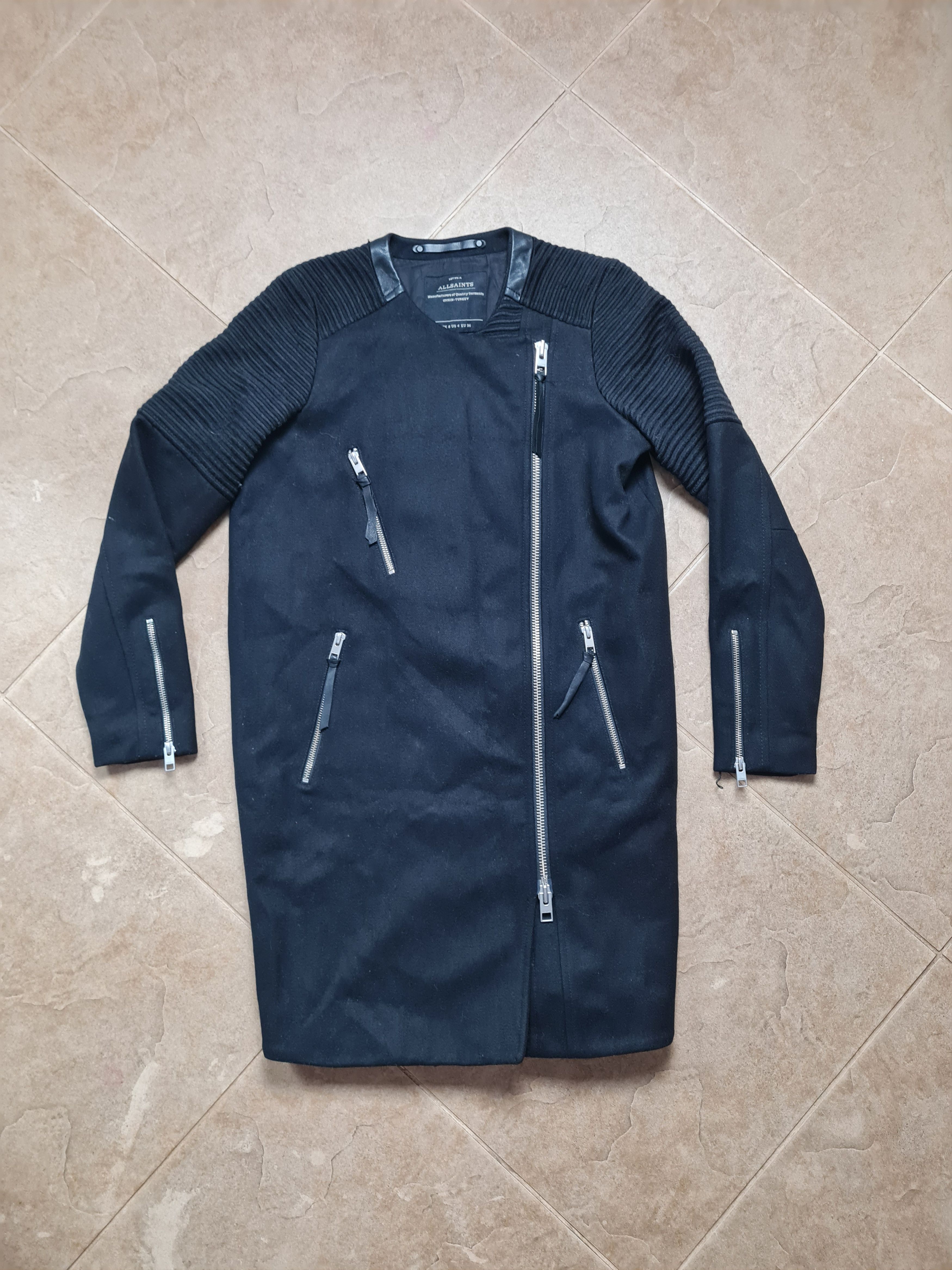 Allsaints AllSaints Black Biker Coat Long Jacket Asymmetric Zip Wool Size S / US 4 / IT 40 - 7 Thumbnail