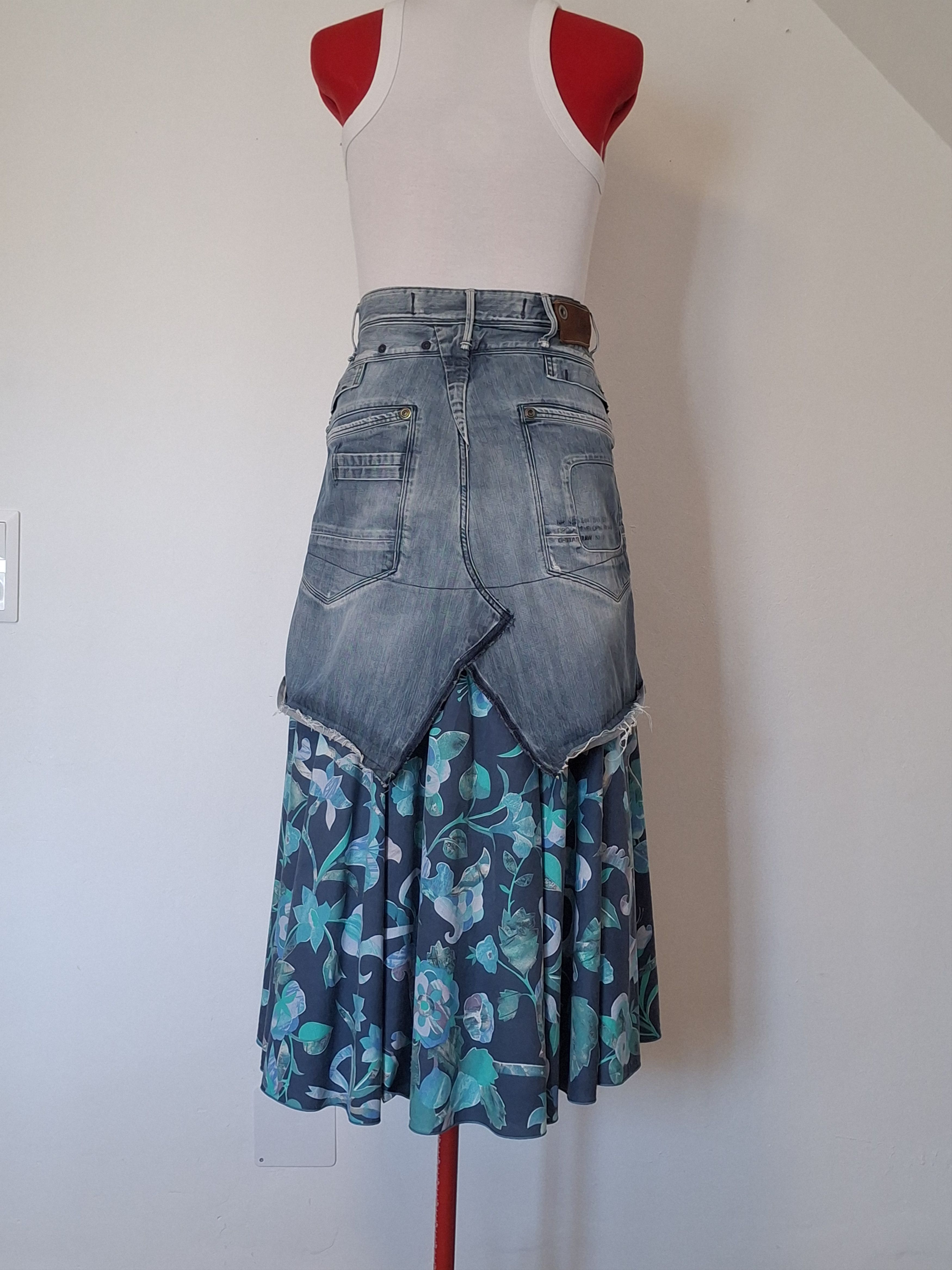 G-Star One of One Reworked G-Star Blue Denim Floral Skirt Size 33" - 3 Thumbnail