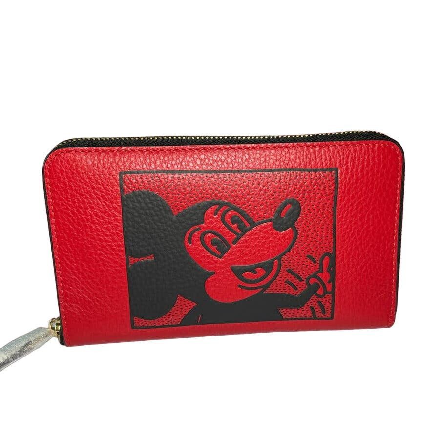 image of Coach Disney Mickey Keith Haring Medium Id Zip Wallet in Red, Women's