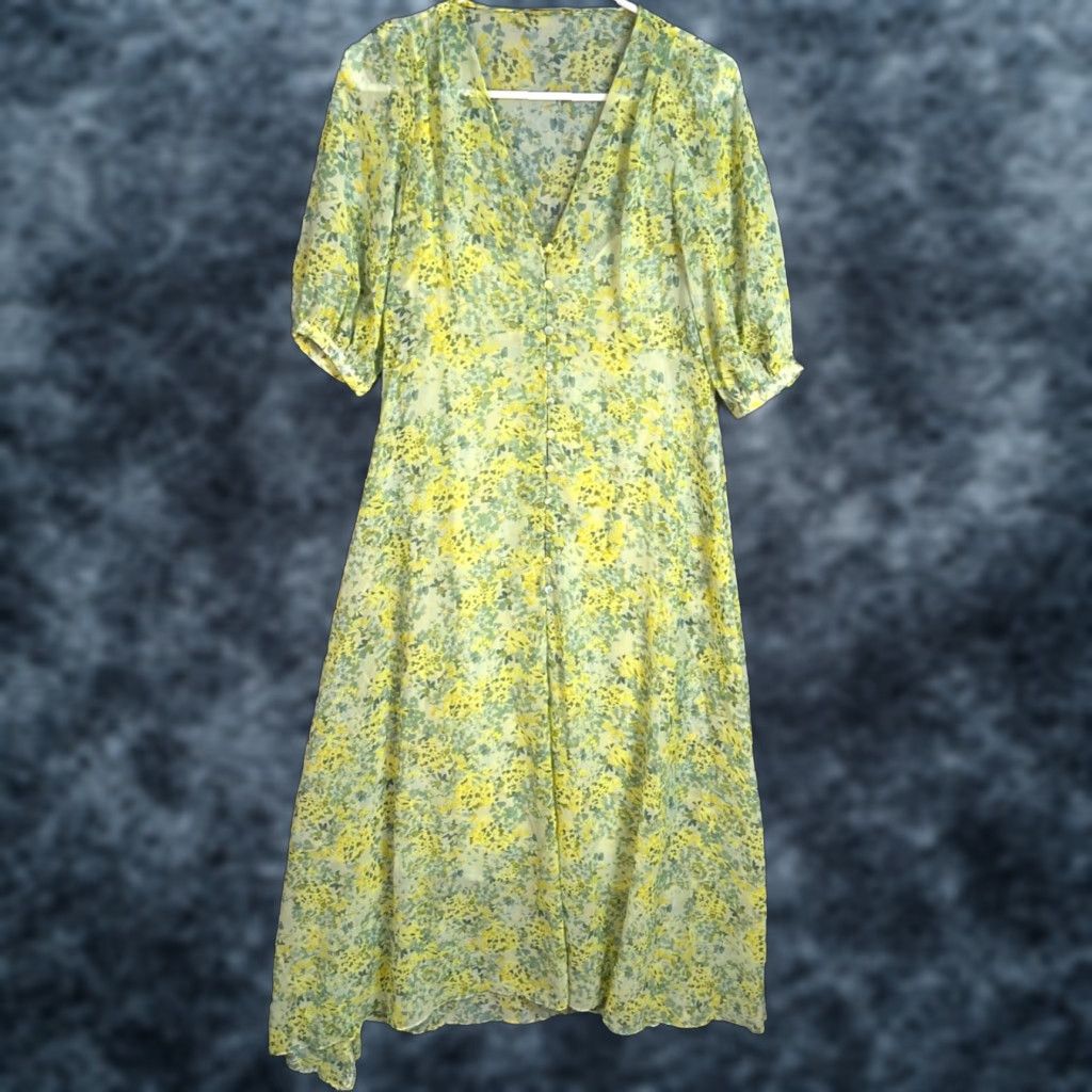 Mango Mango Premium Floral Maxi Dress V-Neck Puff Sleeves & Button-Up Front Size 4 Size S / US 4 / IT 40 - 1 Thumbnail