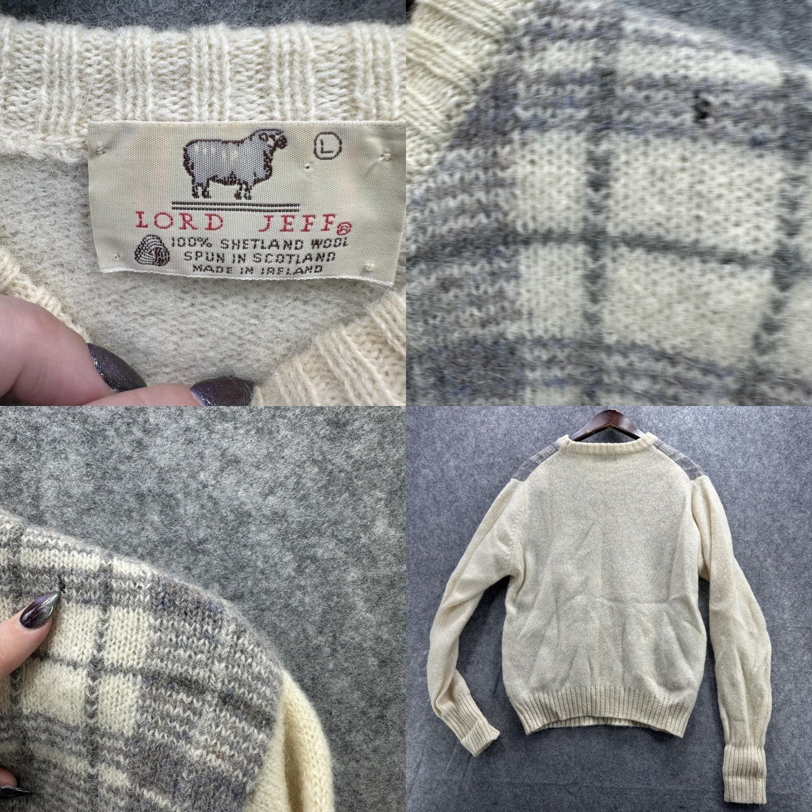 Vintage VINTAGE Lord Jeff Sweater Mens Large Cream Gray Plaid Wool Ireland Crew Neck Knit 100% Shetland Plaid Mens L Size US L / EU 52-54 / 3 - 8 Thumbnail