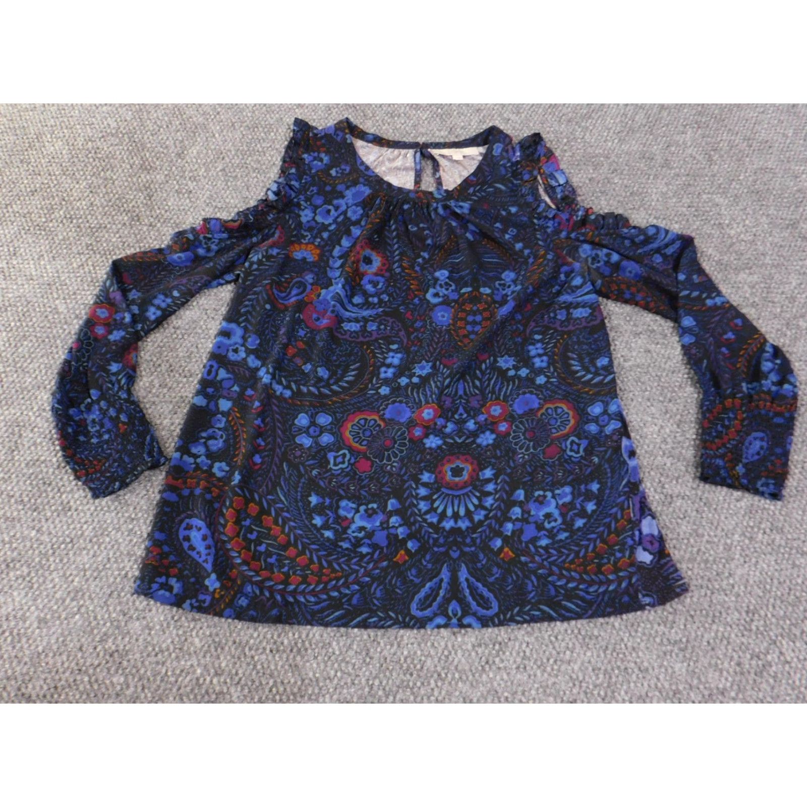 Loft LOFT Shirt Womens Large Navy Blue Paisley Cold Shoulder Ruffle Long Sleeve Boho Size L / US 10 / IT 46 - 4 Thumbnail