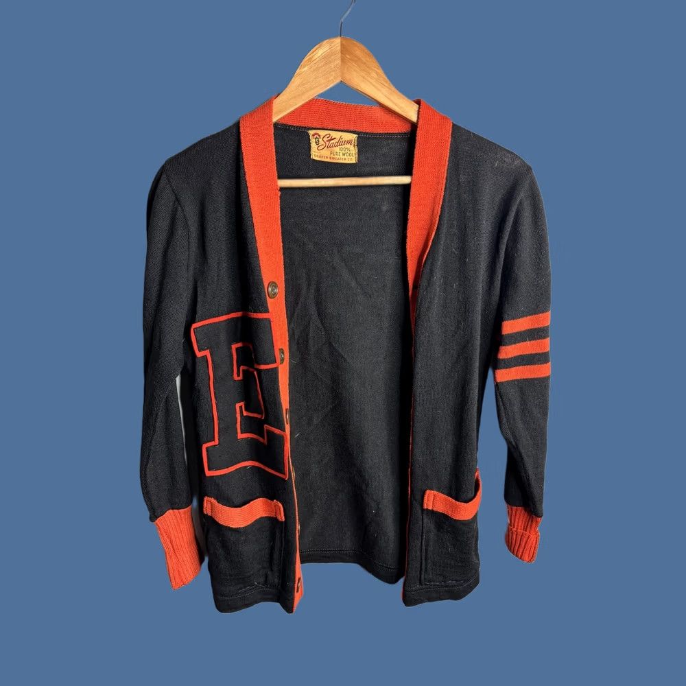 Vintage VINTAGE Stadium Mens Cardigan Sweater 3XS Black Wool Letterman Varsity E Pocket Striped Knit Wool V-Neck buttons Size US XXS / EU 40 - 1 Thumbnail