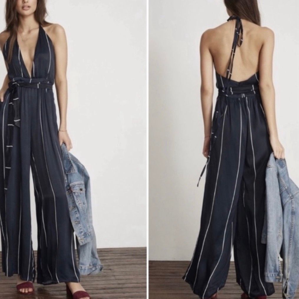 FAITHFULL Faithfull the Brand Riley Riptide Stripe Navy Silky Wide Leg Jumpsuit Women’s 2 Size 26" / US 2 / IT 38 - 3 Thumbnail