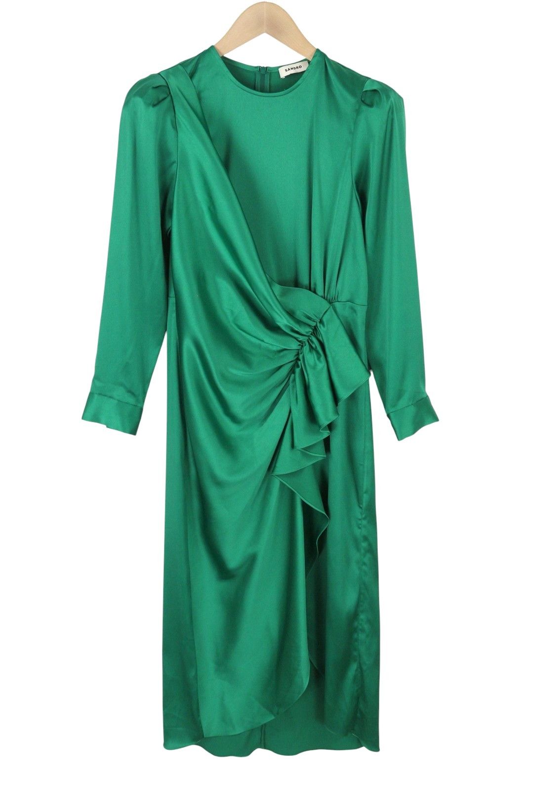 Sandro 36 S Green Ruffled Satin Effect Wrap Long Sleeve 88497 Size S / US 4 / IT 40 - 3 Thumbnail