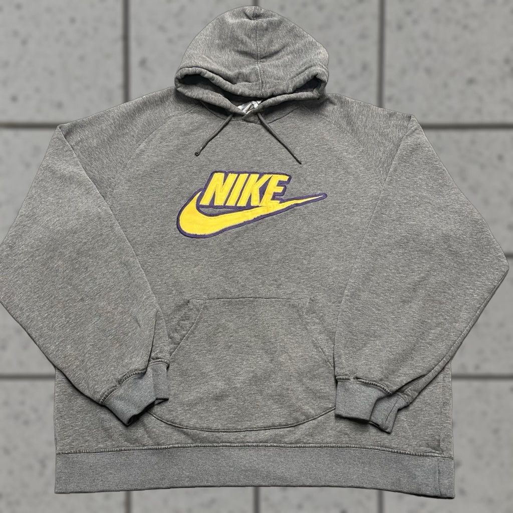 VINTAGE Nike Hoodie Mens XL Gray Swoosh Logo Fleece Pullover 90s