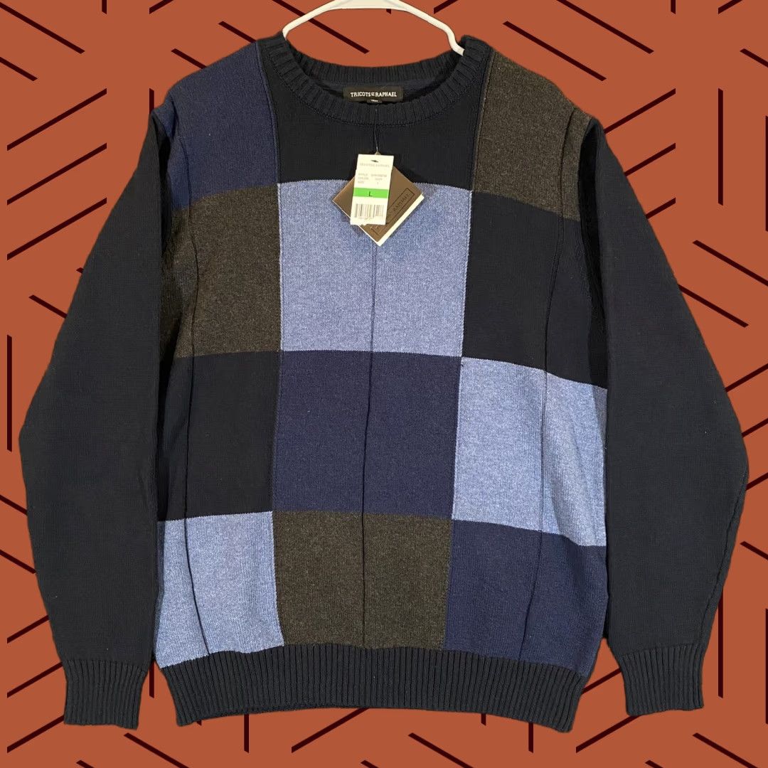 Tricots St Raphael Sweater Mens Large Navy Blue Plaid Long Sleeve Crewneck Pullover Knit Casual Winter Regular Mens