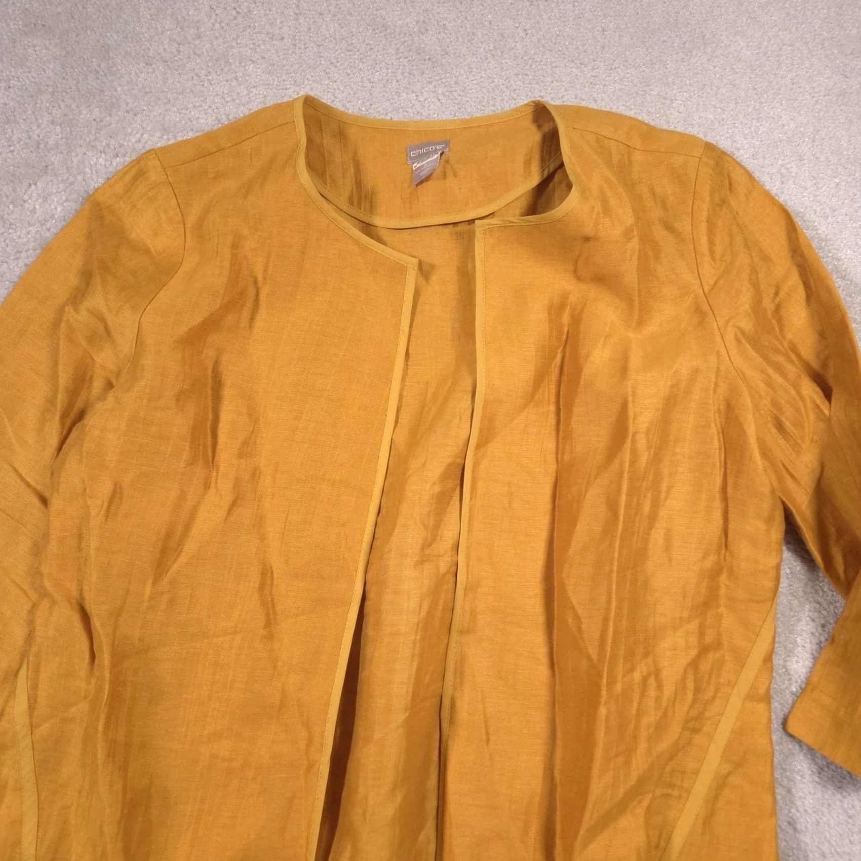 Vintage Chico's Jacket Womens 2 Yellow Linen Open Front Collarless Lightweight Mid-Length 3/4 Sleeve Relaxed Casual Business Womens Size XS / US 0-2 / IT 36-38 - 3 Thumbnail