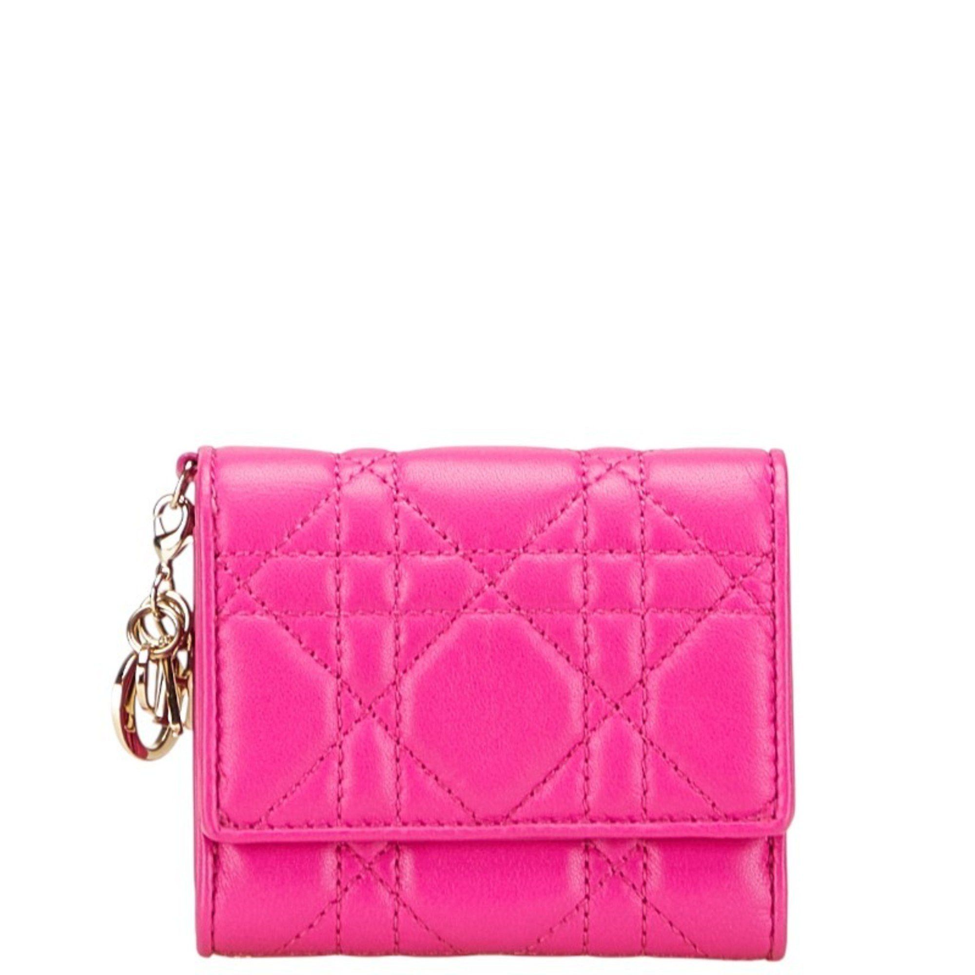 Dior Christian Dior Dior Cannage Lady Lotus Wallet Tri-fold in Shocking Pink Leather for Women Size ONE SIZE - 1 Thumbnail