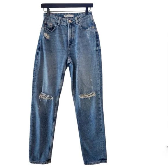Zara ZARA High waisted Distressed Blue Jeans Size 0 Size 25" / US 0 / IT 36 - 1 Preview