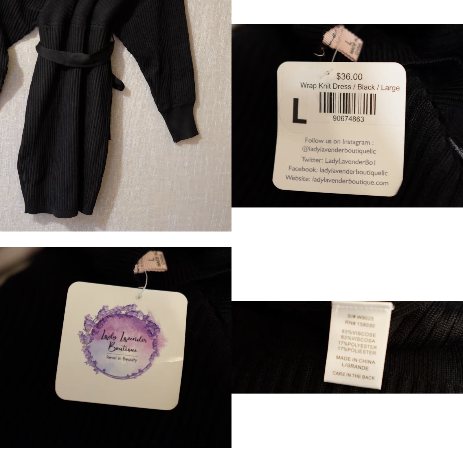 Vintage NWT! Lady Lavender Wrap Sweater Dress w/Waist Tie Black Womens L Dress Size L / US 10 / IT 46 - 8 Thumbnail