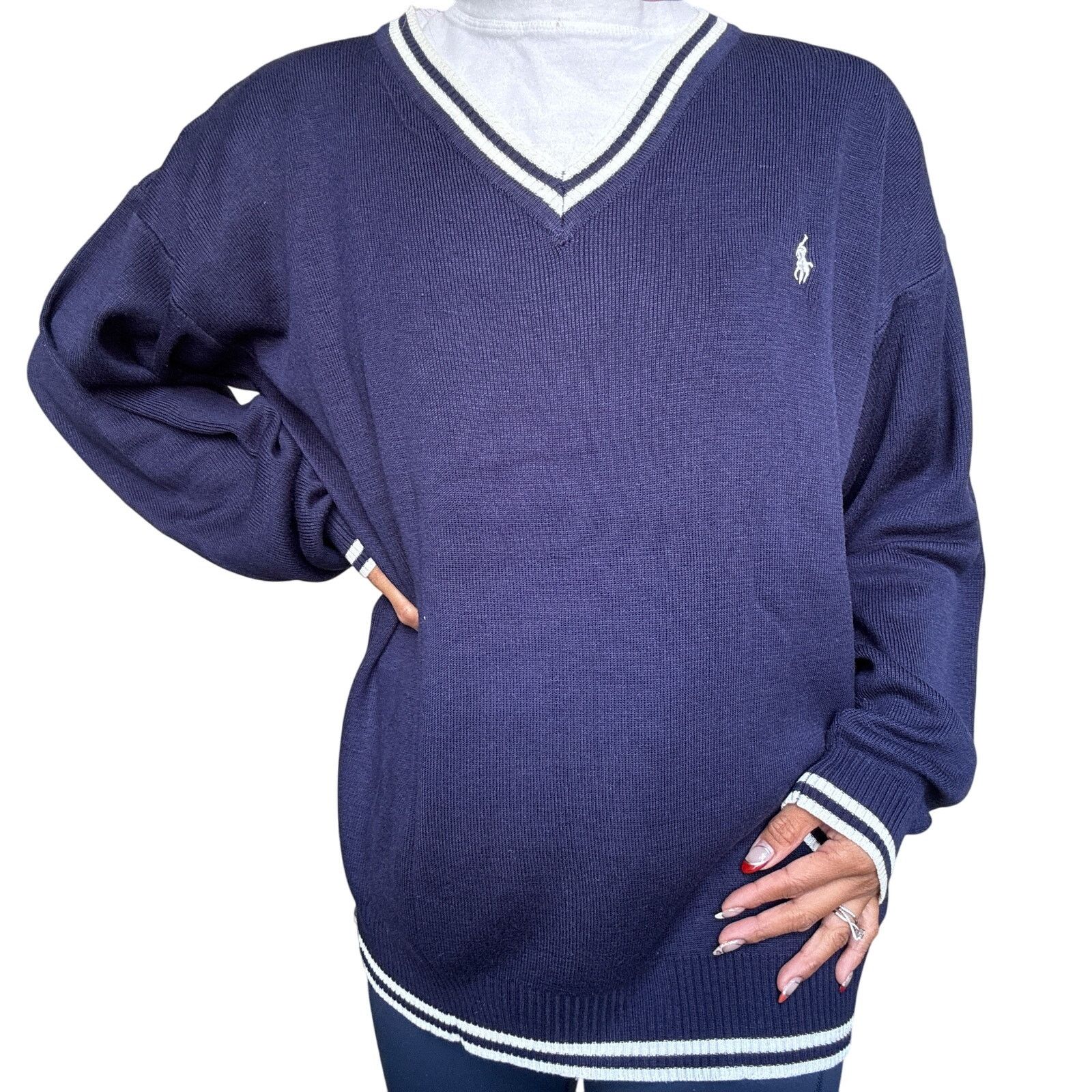 Polo Ralph Lauren × Ralph Lauren Vintage Polo Sport 90s Navy V-Neck Varsity Sweater Size US M / EU 48-50 / 2 - 2 Thumbnail