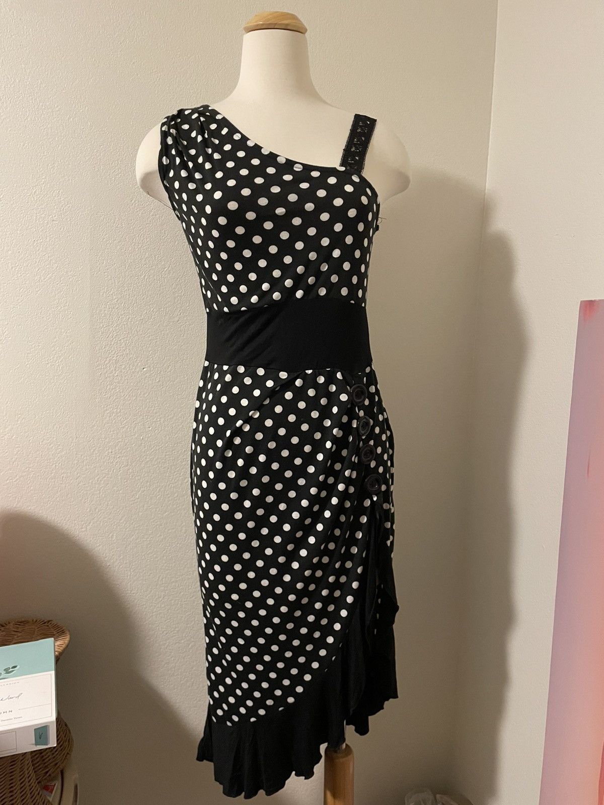 Vintage Black White One Shoulder Polka Dot Dress M Size M / US 6-8 / IT 42-44 - 1 Thumbnail