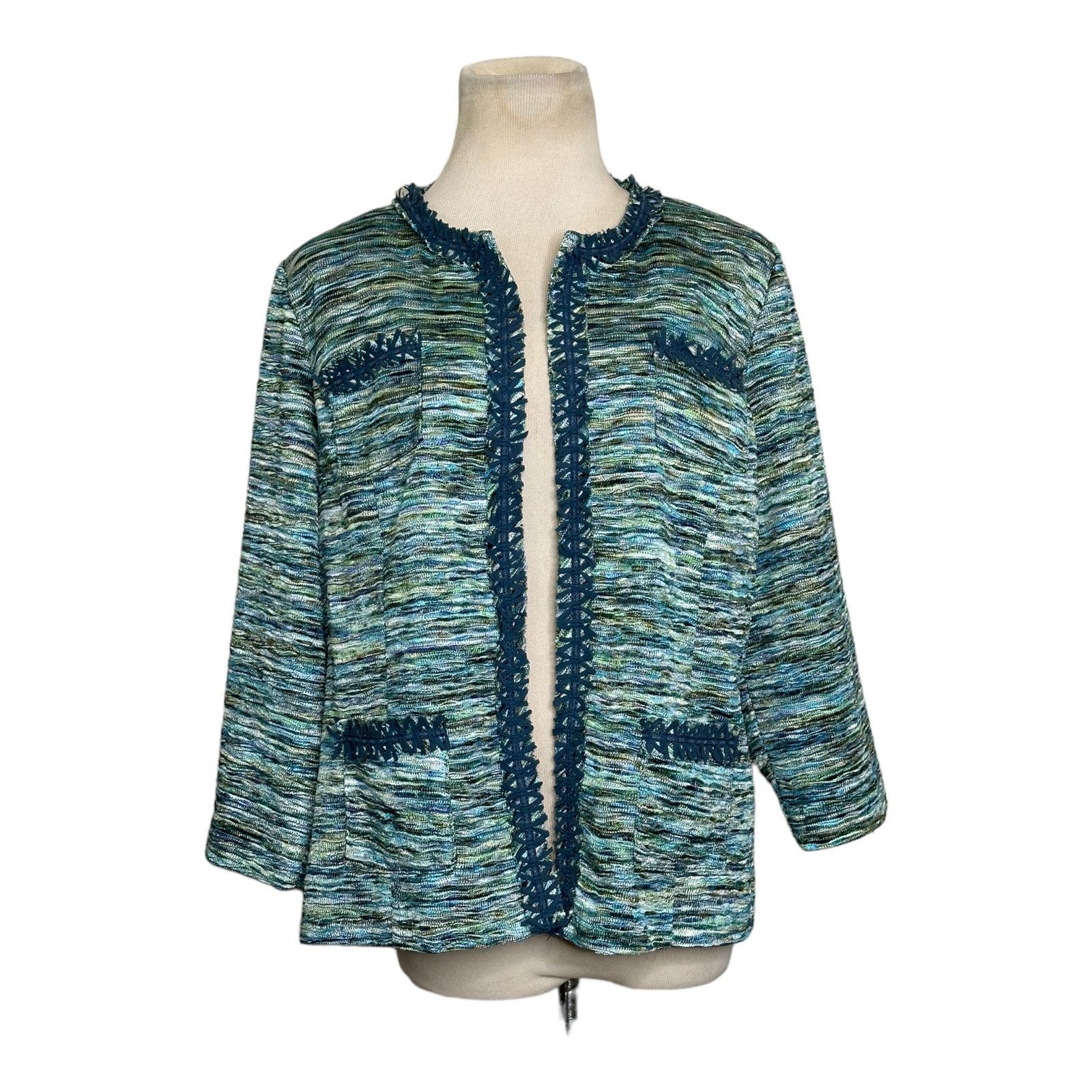 Chicos Chico's Green Tweet Pockets Fringe Trim Blazer Jacket size M Size M / US 6-8 / IT 42-44 - 8 Thumbnail