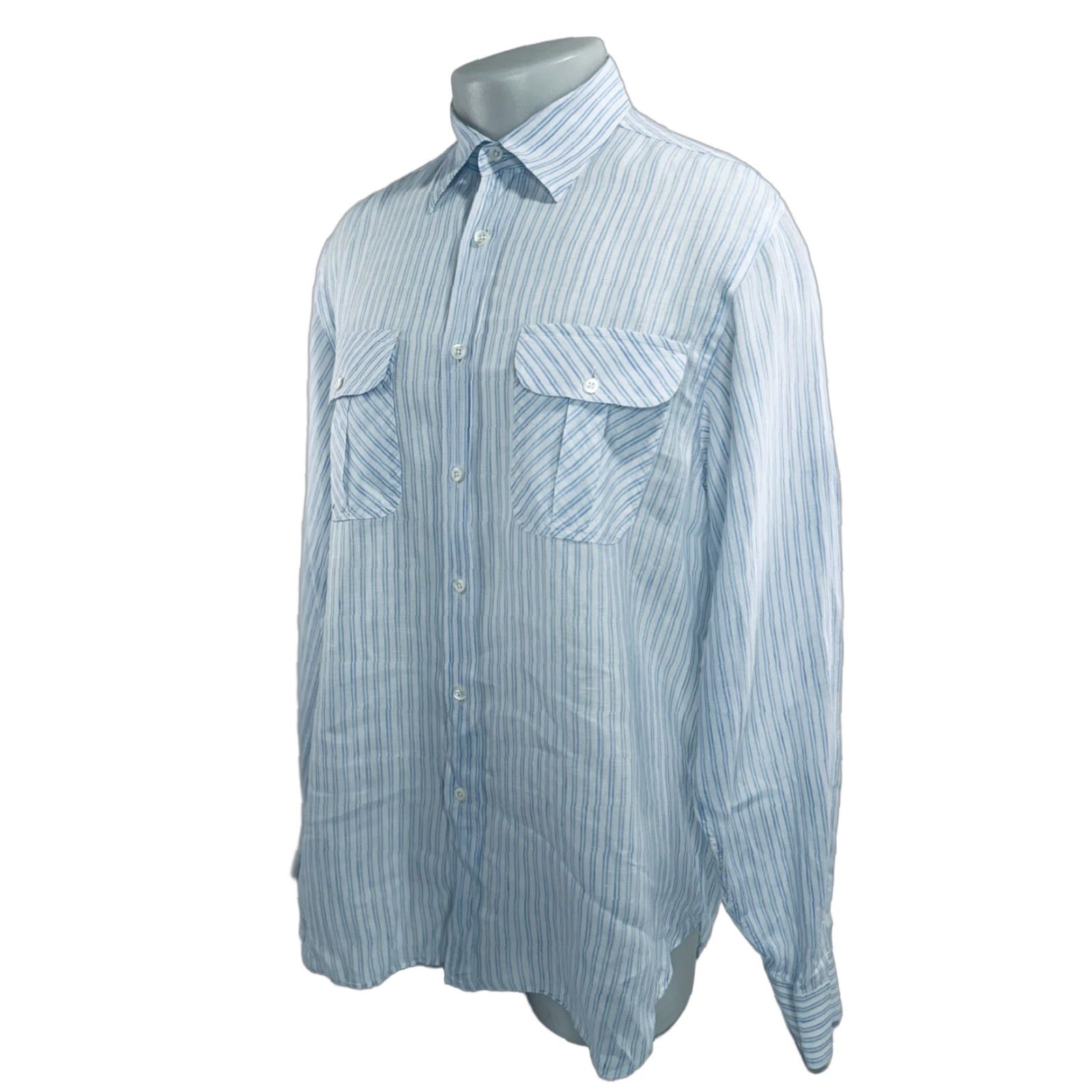 Billy Reid BILLY REID Italy Linen Striped Mens L Shirt Button-Up Long Sleeve EXCELLENT Shirt Mens L White / Blue Linen - 90s? Size US L / EU 52-54 / 3 - 1 Thumbnail
