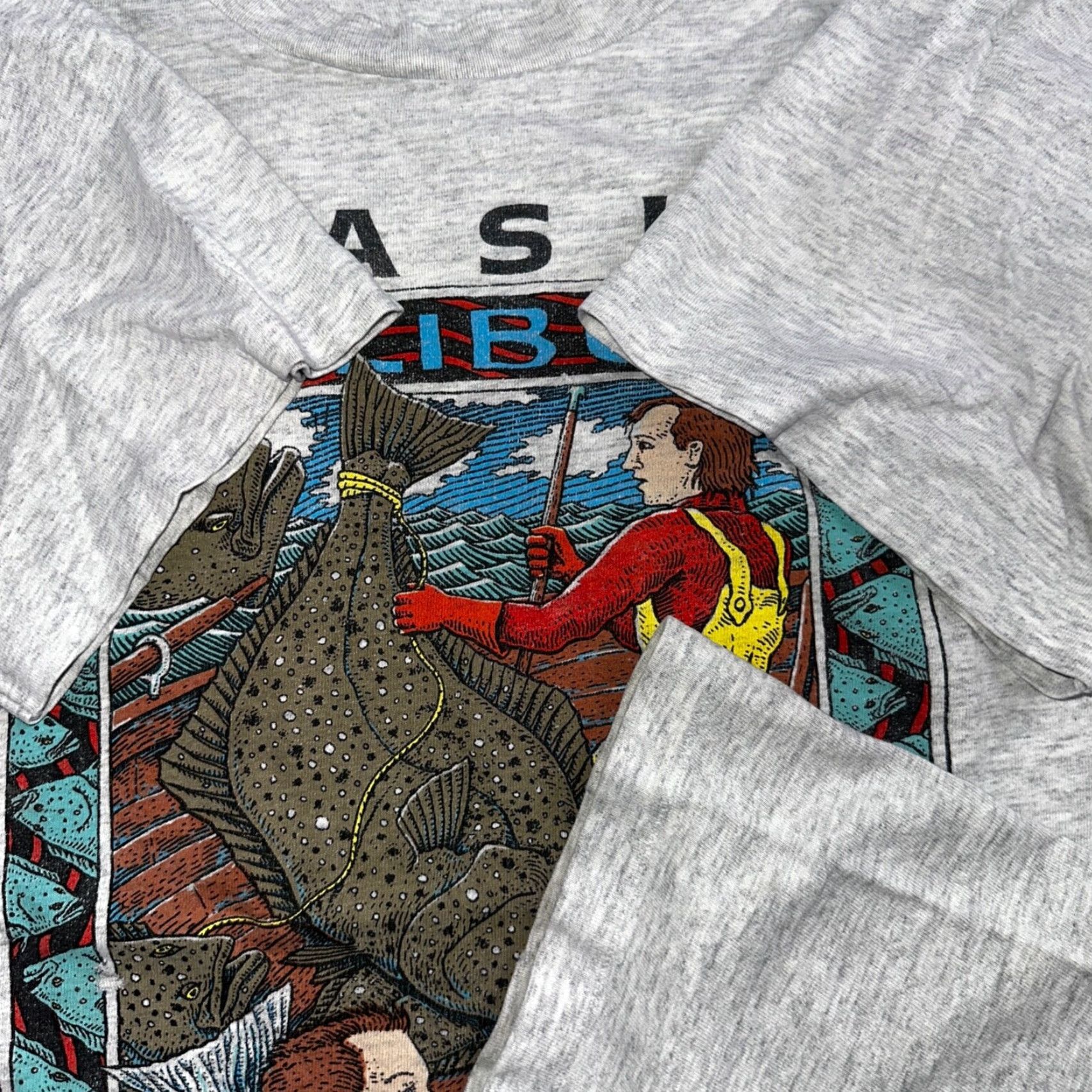 Lee VINTAGE Lee T-Shirt Men Medium Gray Fish Graphic 90s Alaska Halibut Kickin Butt Summer Fall Winter Spring Size US M / EU 48-50 / 2 - 7 Thumbnail