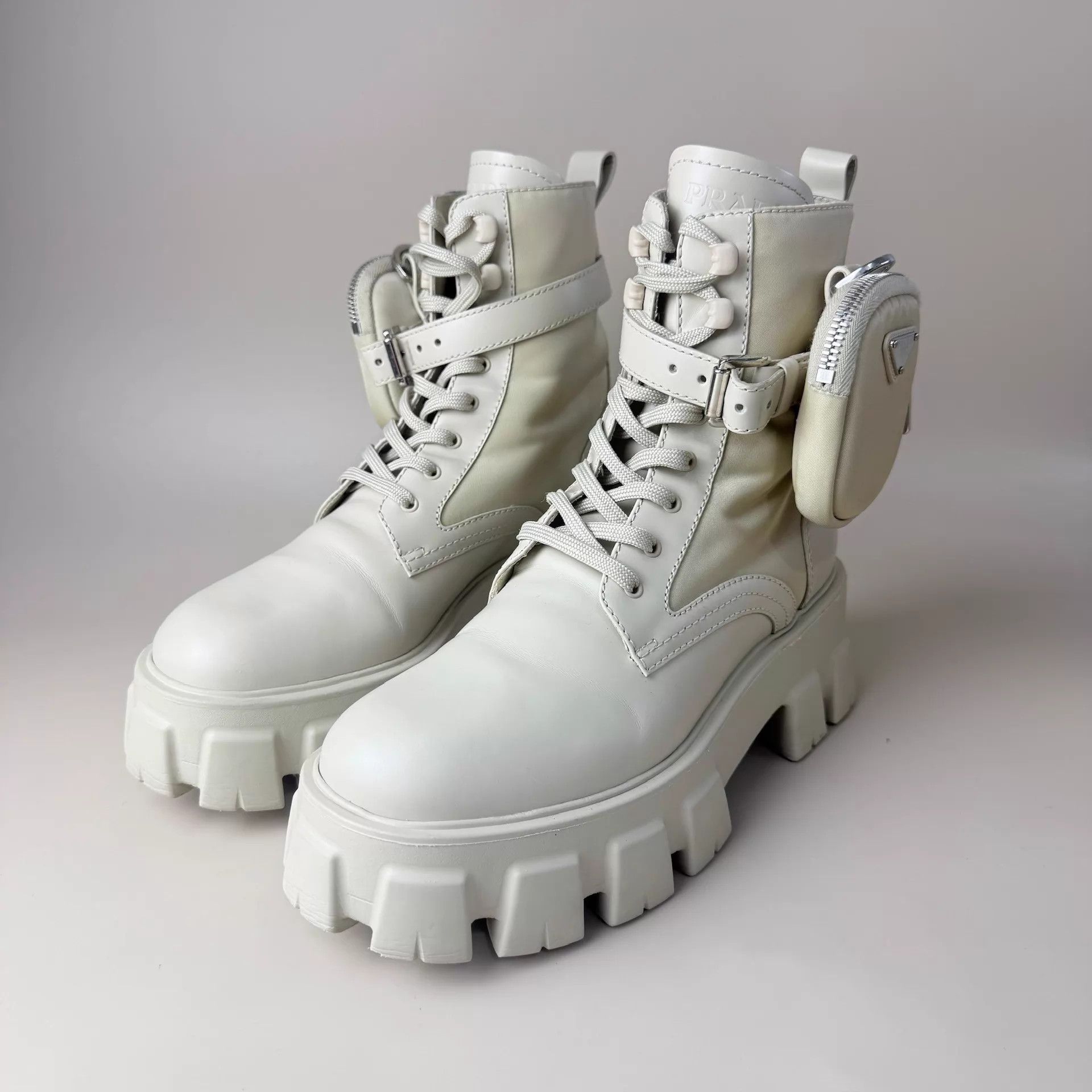 Prada Prada White Khaki Pocket Triangle Tactical Boots 38.5 EU Size US 8 / IT 38 - 1 Thumbnail