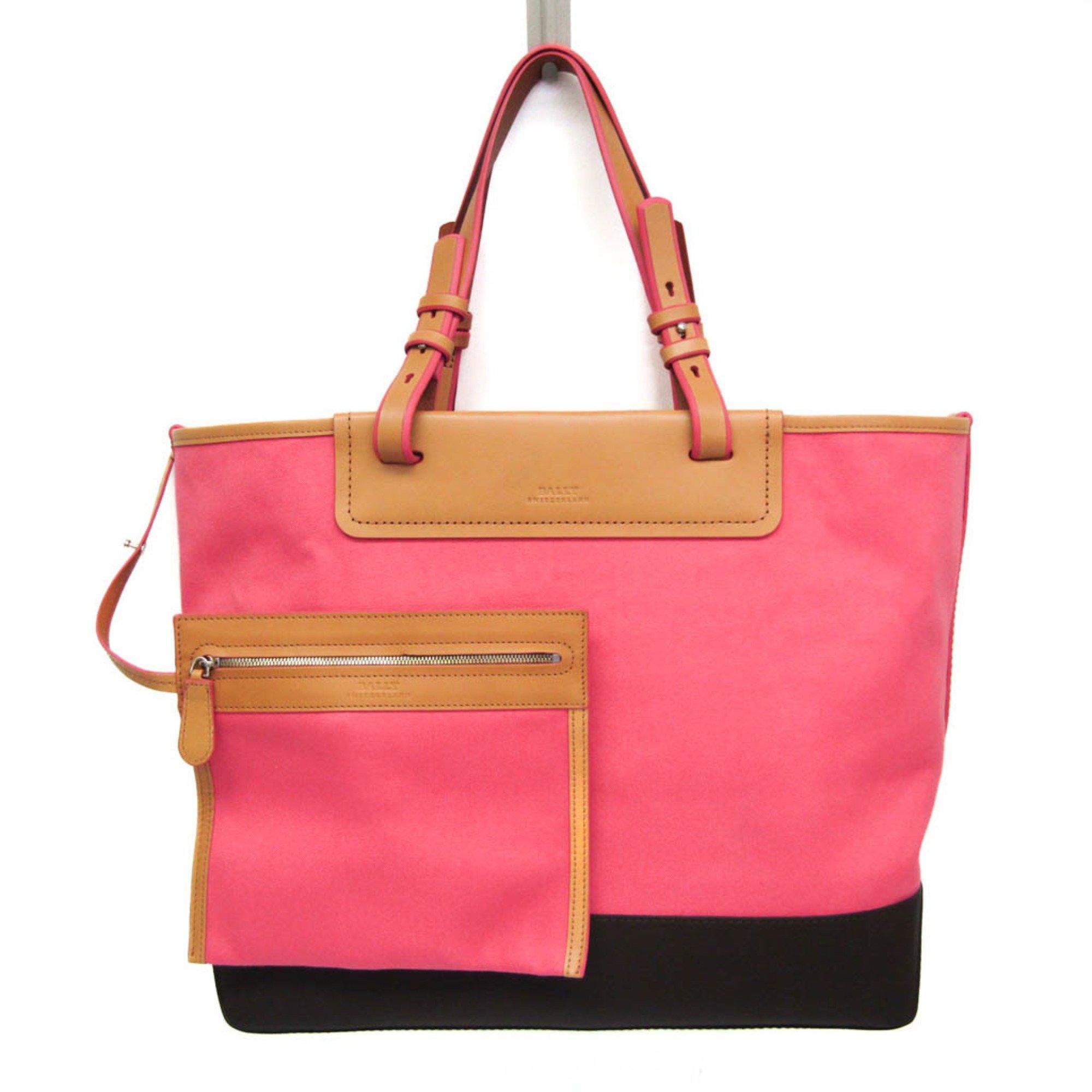 Bally BATINKA Women's LeatherCanvas Tote Bag BeigeCoral PinkDark Brown