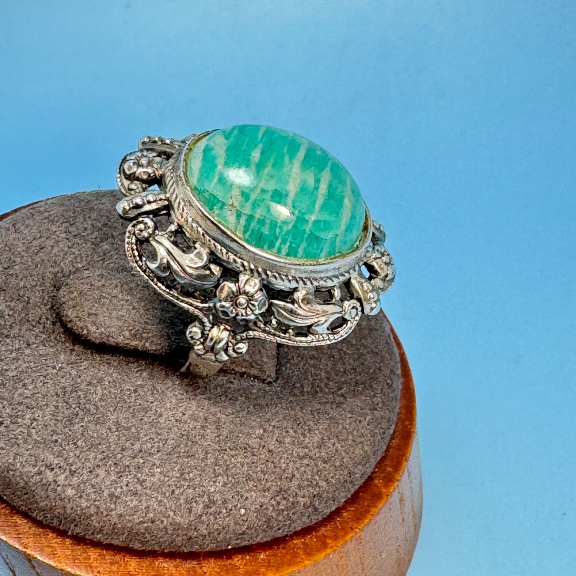 Vintage Sterling Silver 925 Amazonite Bezel Set Floral Border Statem Size ONE SIZE - 2 Thumbnail