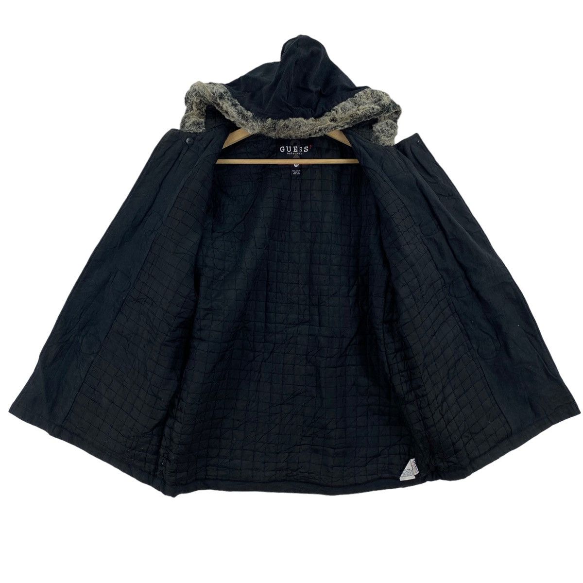 Guess × Vintage Vintage 90s GUESS OUTERWEAR Black Hooded Duffle Coat Jacket Size US M / EU 48-50 / 2 - 3 Thumbnail