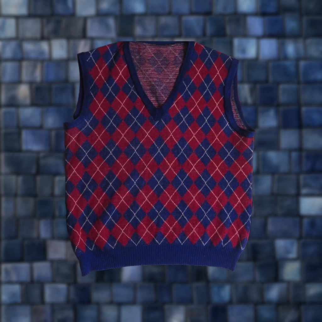 Vintage VTG 80s Navy Blue Red Argyle Preppy Ivy Acrylic Classic V Neck Sweater Vest L Mens Size US L / EU 52-54 / 3 - 1 Thumbnail