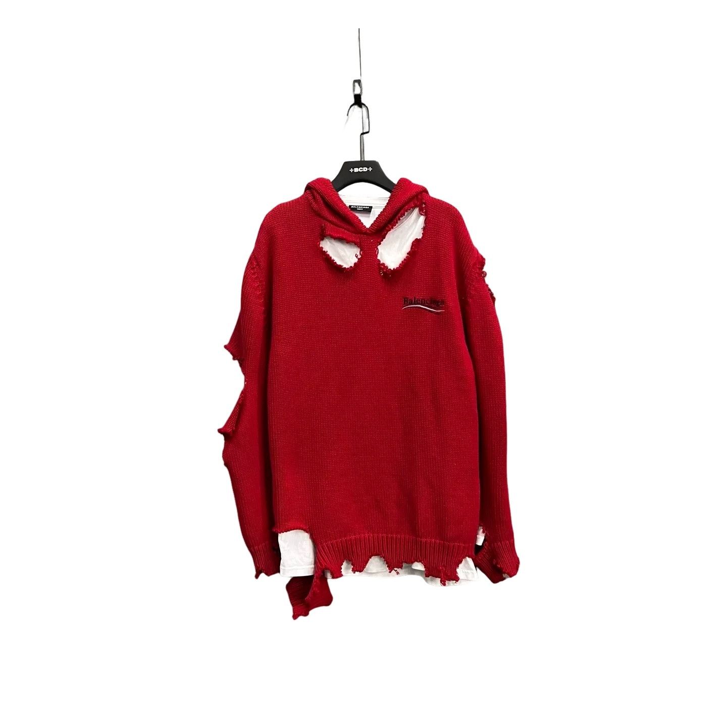 Balenciaga Balenciaga Distressed Red Knit Hoodie Size L Size US L / EU 52-54 / 3 - 1 Thumbnail