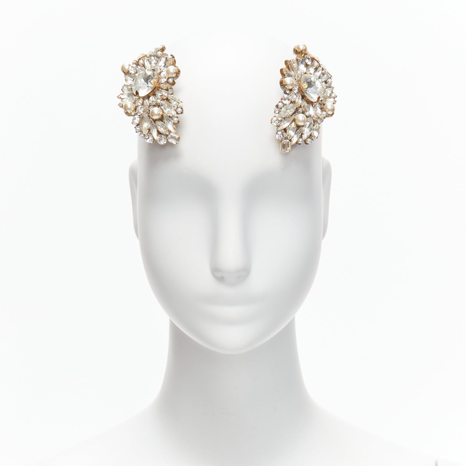 rare MEADHAM KIRCHHOFF Lilien Czech Runway crystals pearl bronze oversized hairclips
