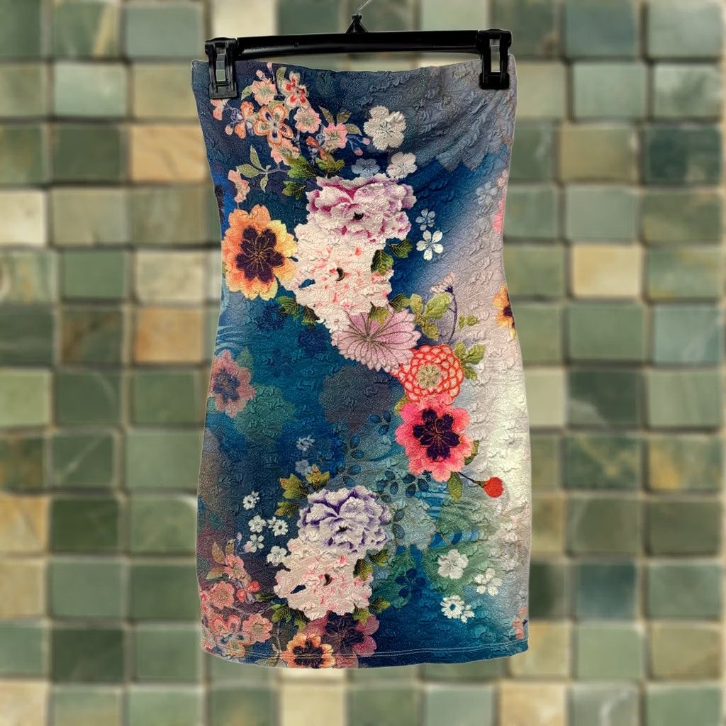 Vintage VINTAGE Carolina Flower Strapless Bodycon Mini Dress Textured Brocade Floral M Blue Pink Purple Green White Sleeveless Women Mens Girls Size M / US 6-8 / IT 42-44 - 1 Thumbnail